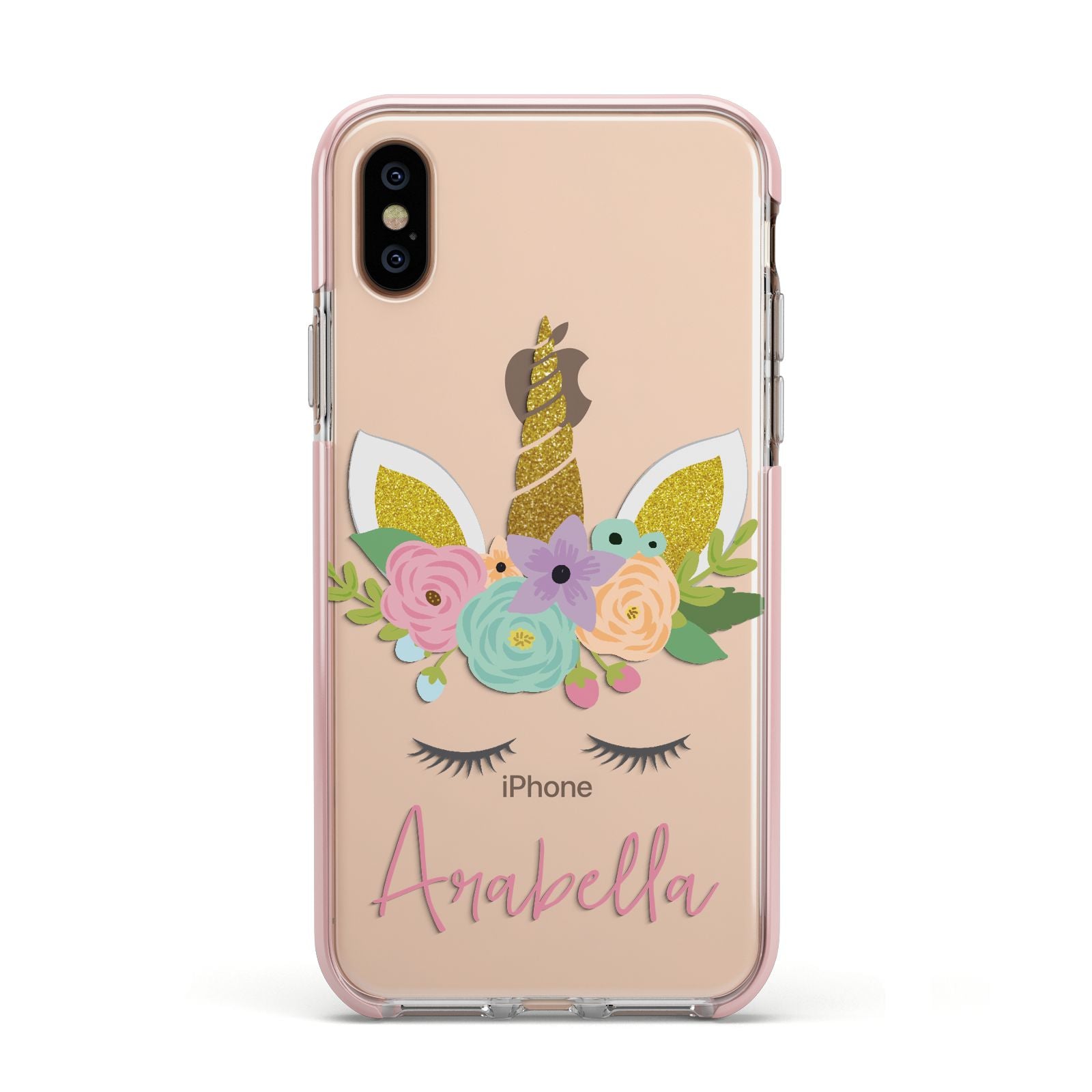 Personalised Unicorn Face Apple iPhone Xs Impact Case Pink Edge on Gold Phone