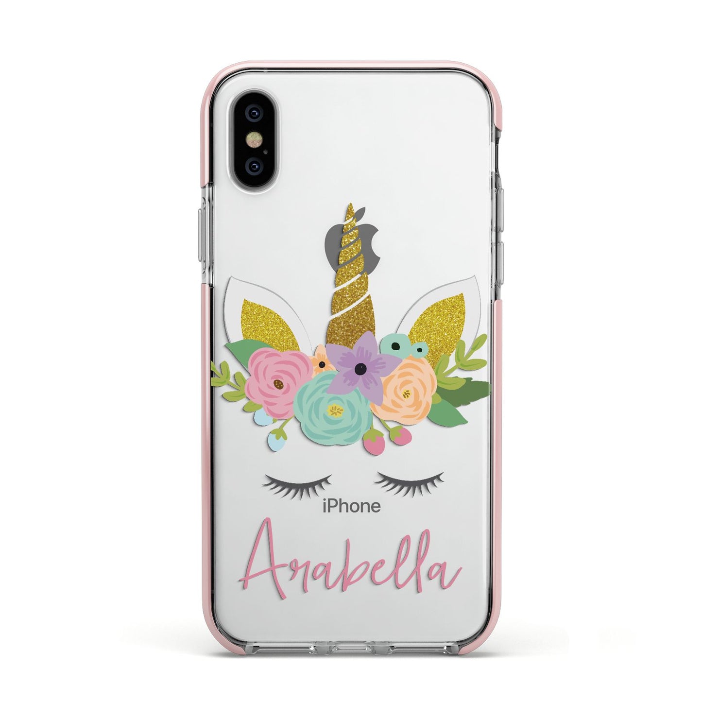 Personalised Unicorn Face Apple iPhone Xs Impact Case Pink Edge on Silver Phone