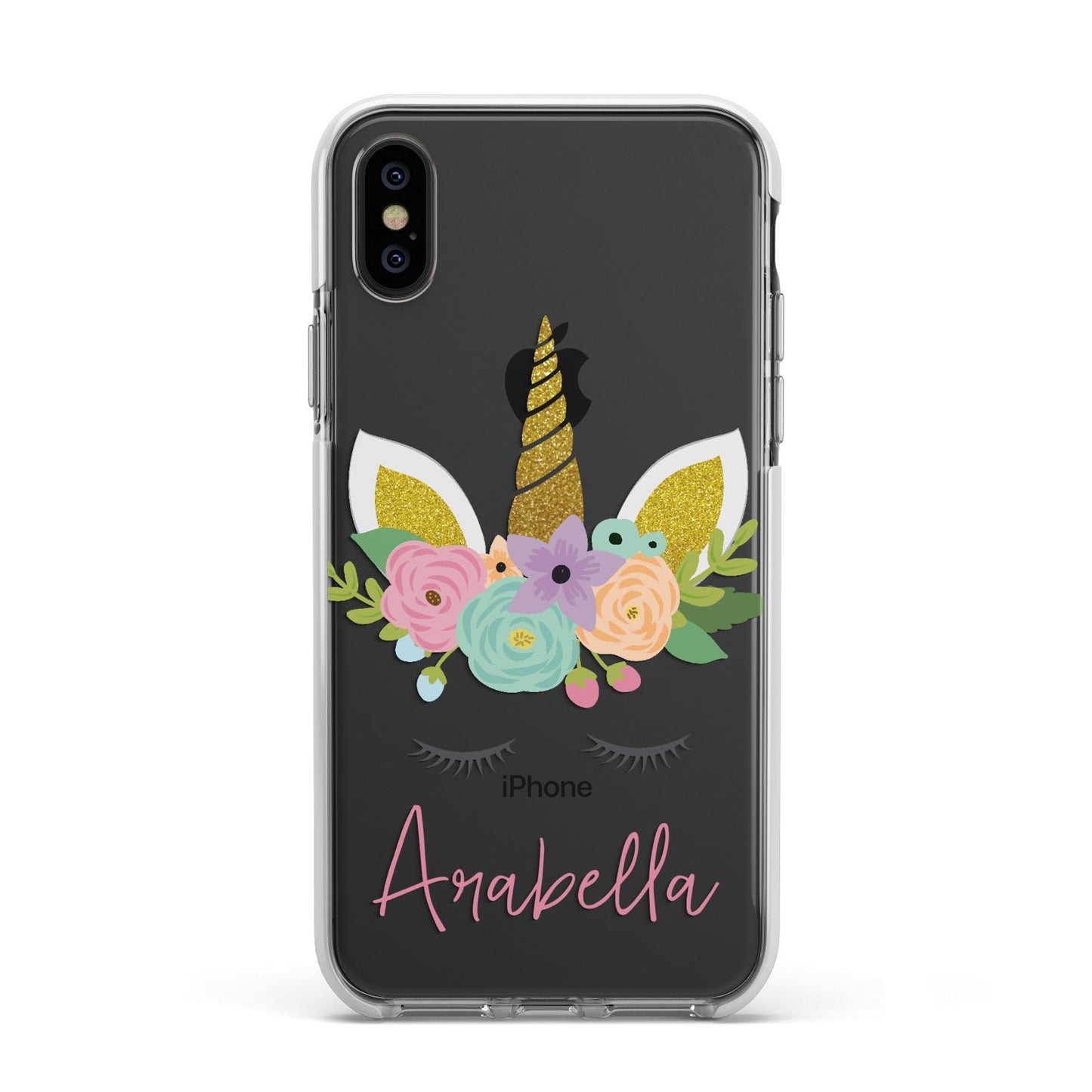 Personalised Unicorn Face Apple iPhone Xs Impact Case White Edge on Black Phone