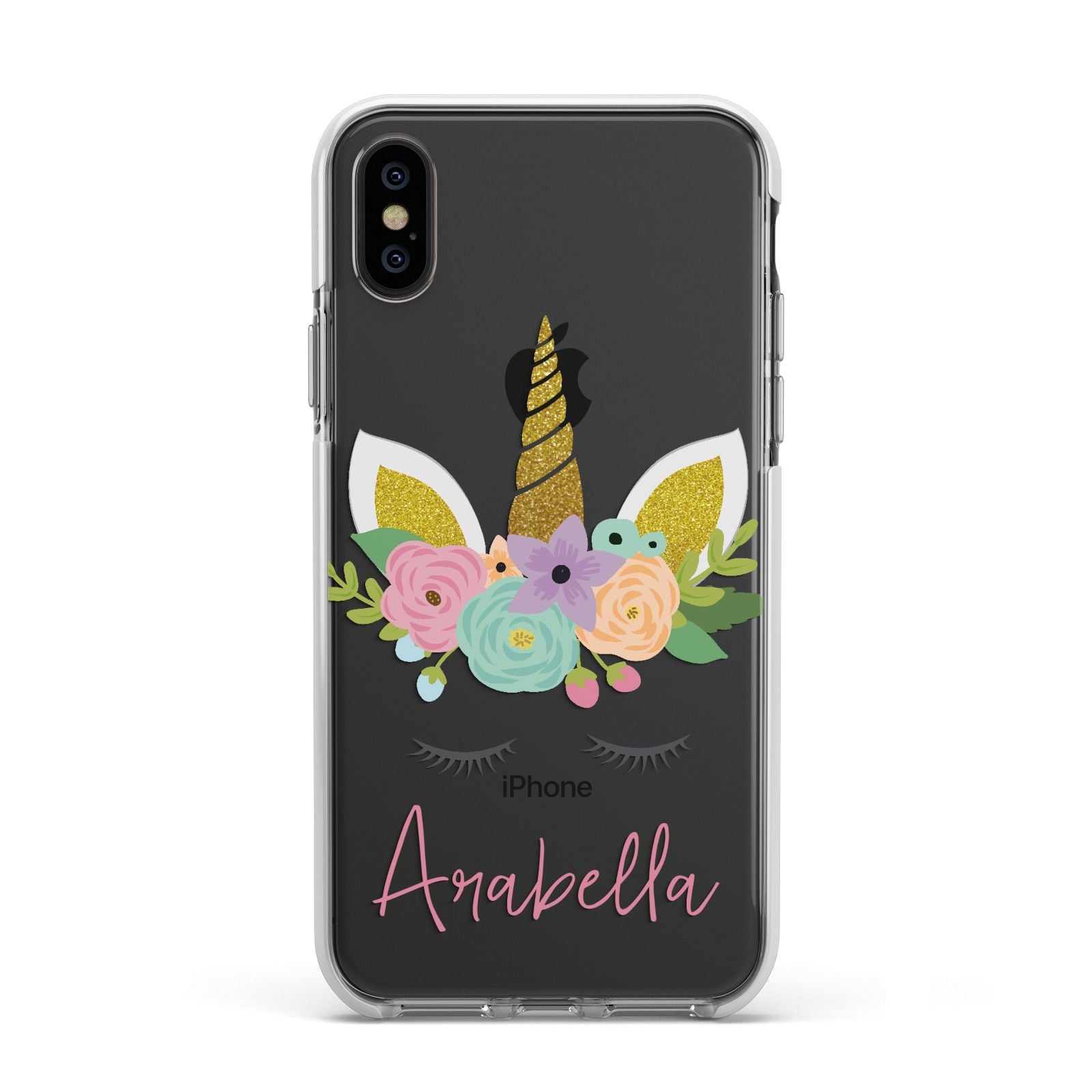 Personalised Unicorn Face Apple iPhone Xs Impact Case White Edge on Black Phone
