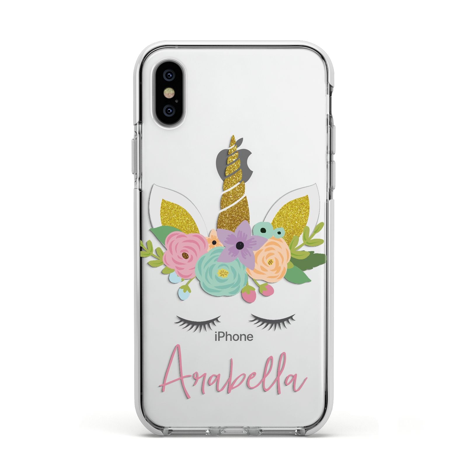Personalised Unicorn Face Apple iPhone Xs Impact Case White Edge on Silver Phone