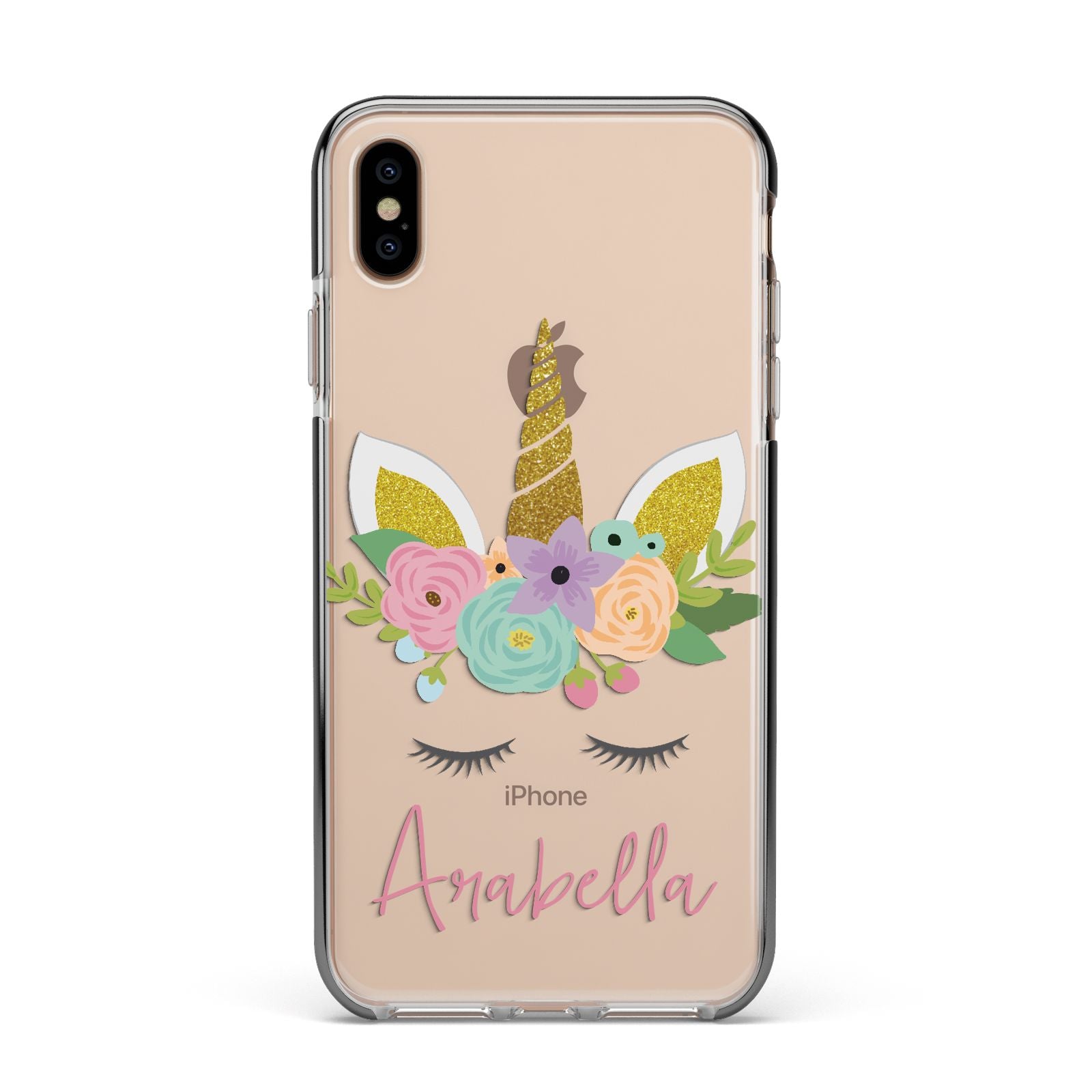 Personalised Unicorn Face Apple iPhone Xs Max Impact Case Black Edge on Gold Phone