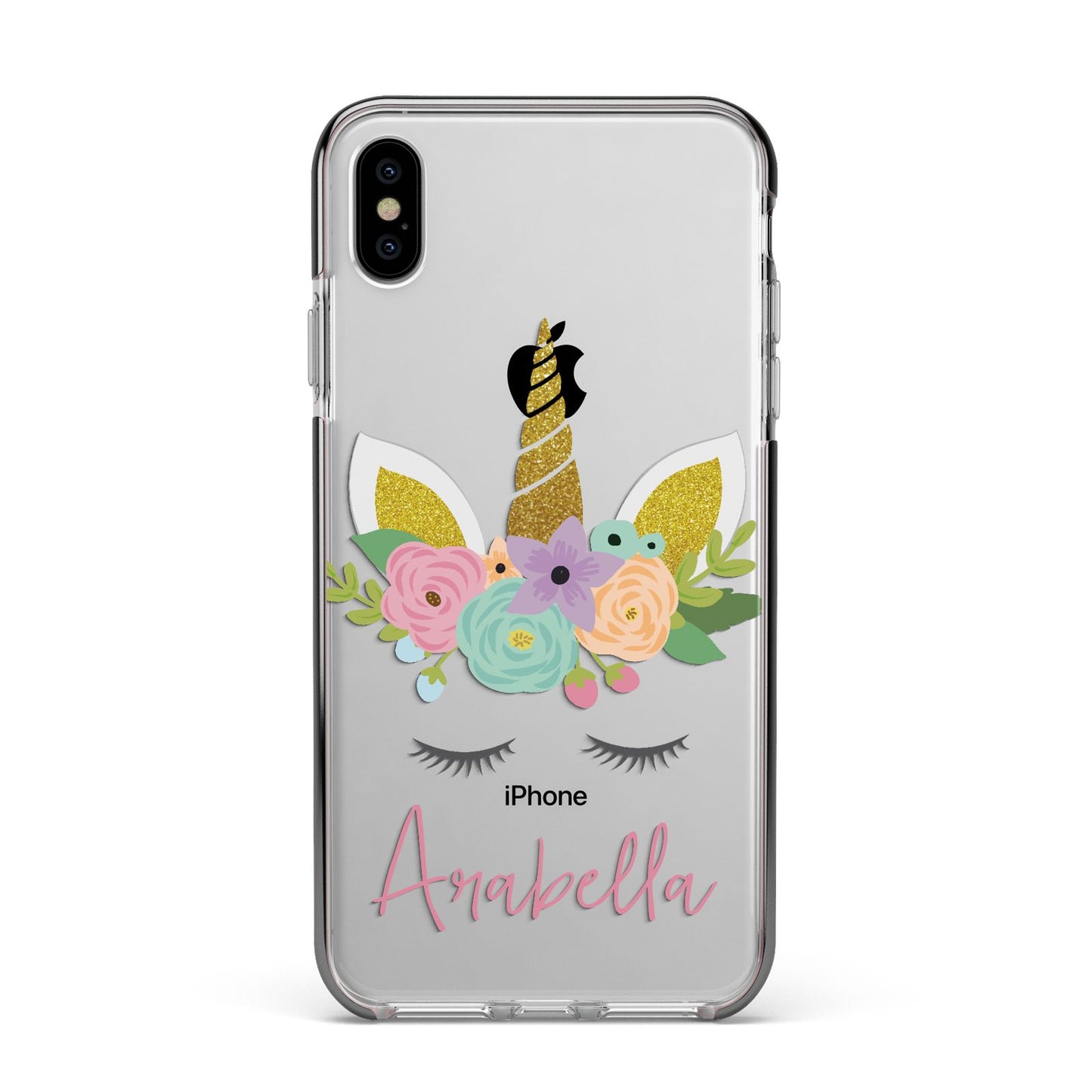 Personalised Unicorn Face Apple iPhone Xs Max Impact Case Black Edge on Silver Phone