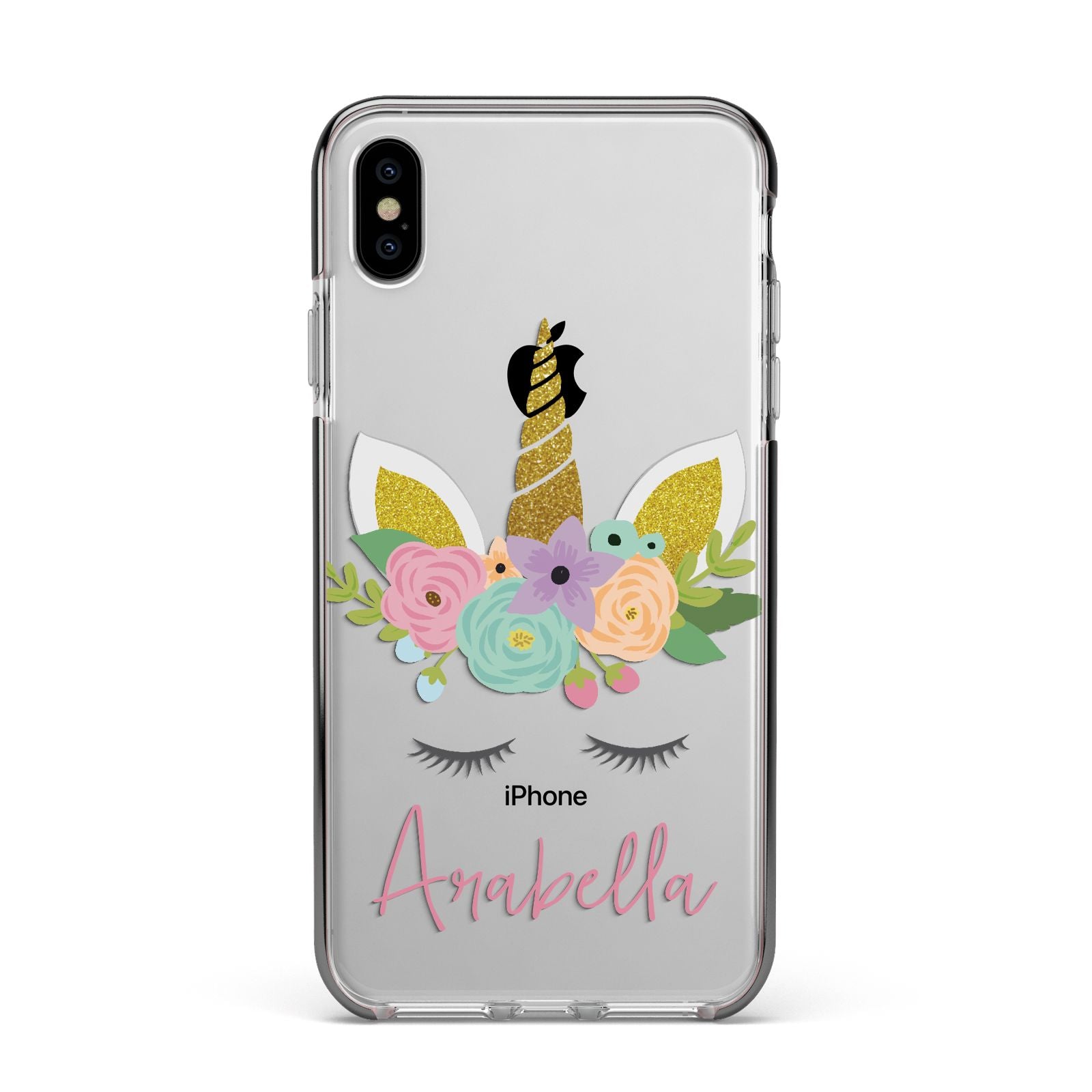 Personalised Unicorn Face Apple iPhone Xs Max Impact Case Black Edge on Silver Phone