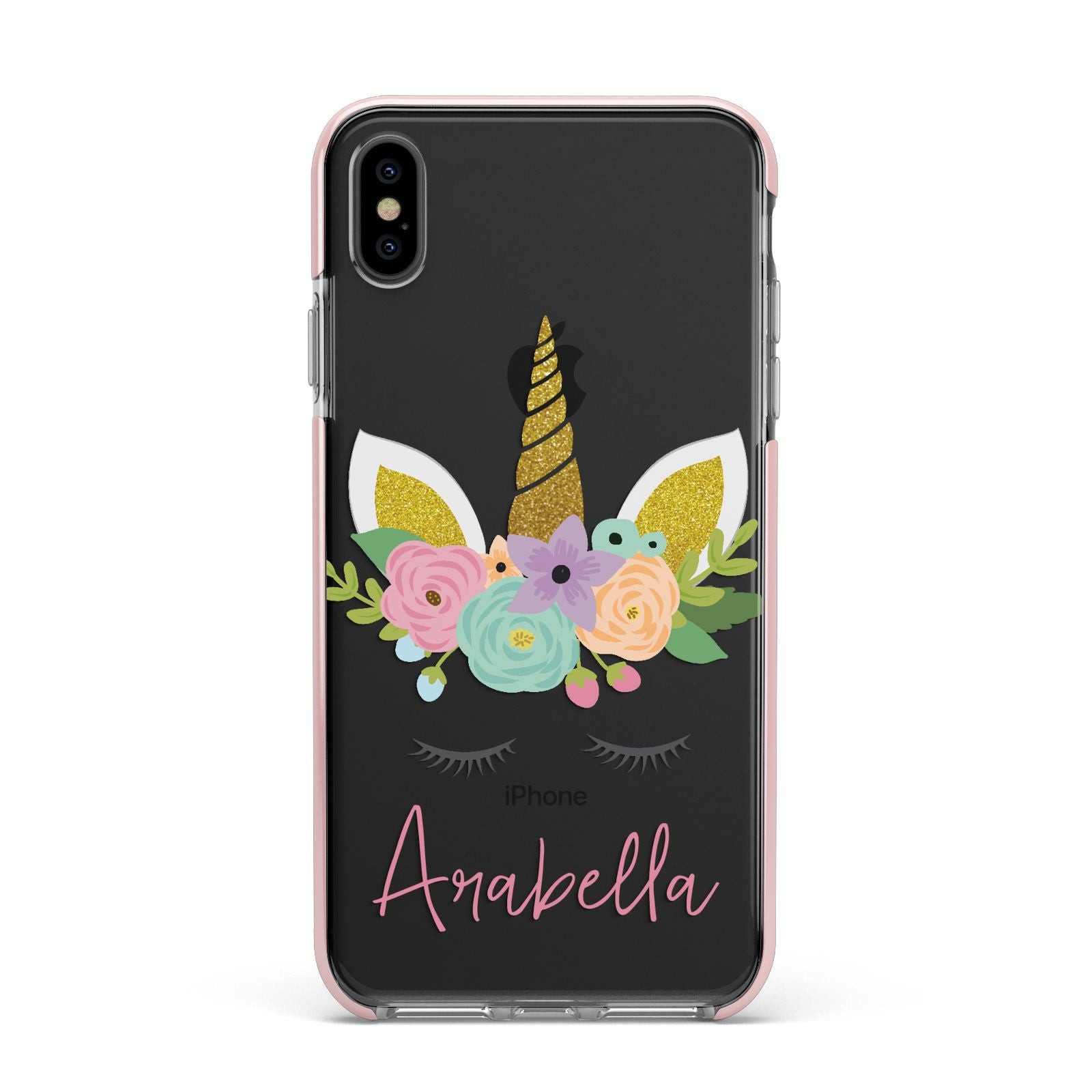Personalised Unicorn Face Apple iPhone Xs Max Impact Case Pink Edge on Black Phone