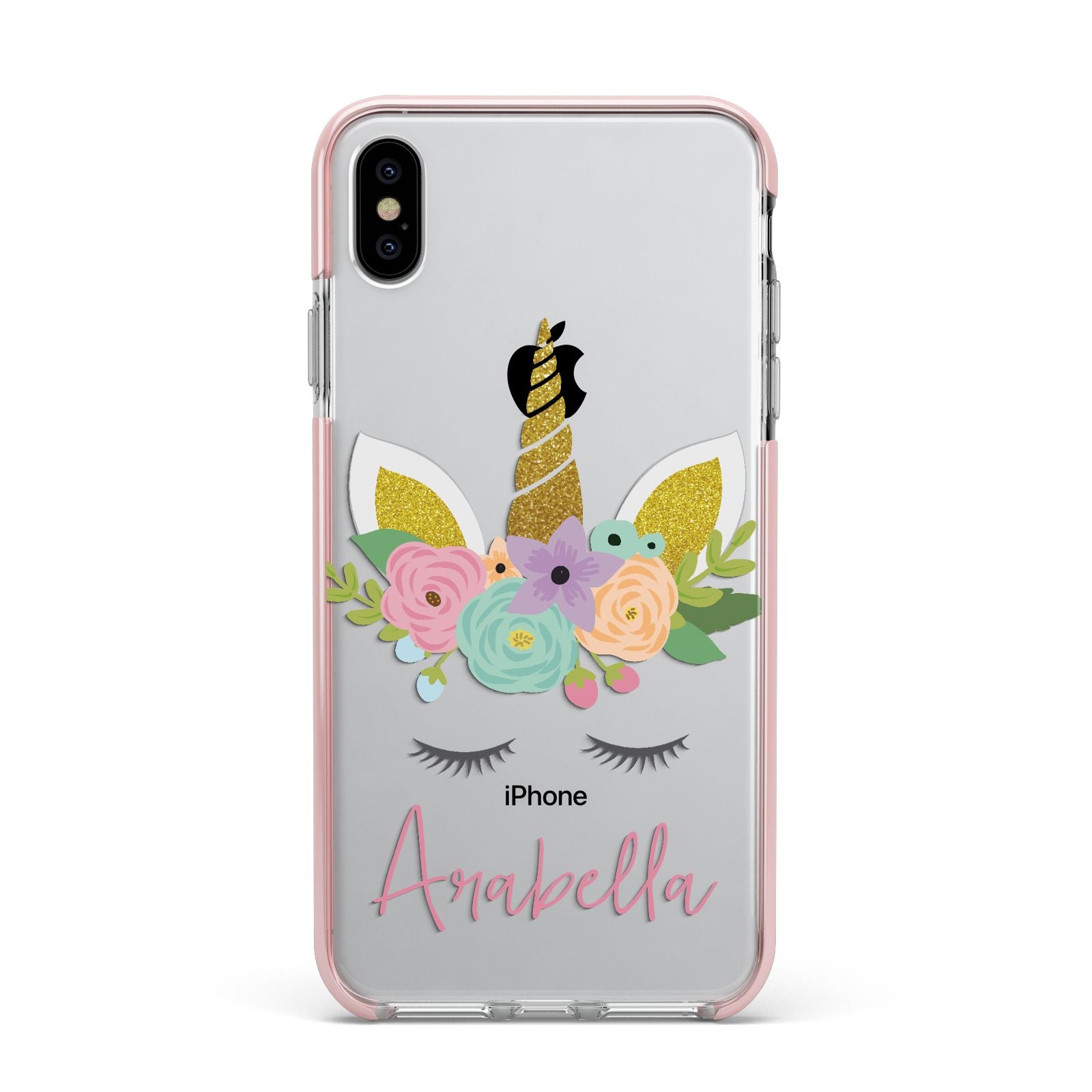 Personalised Unicorn Face Apple iPhone Xs Max Impact Case Pink Edge on Silver Phone