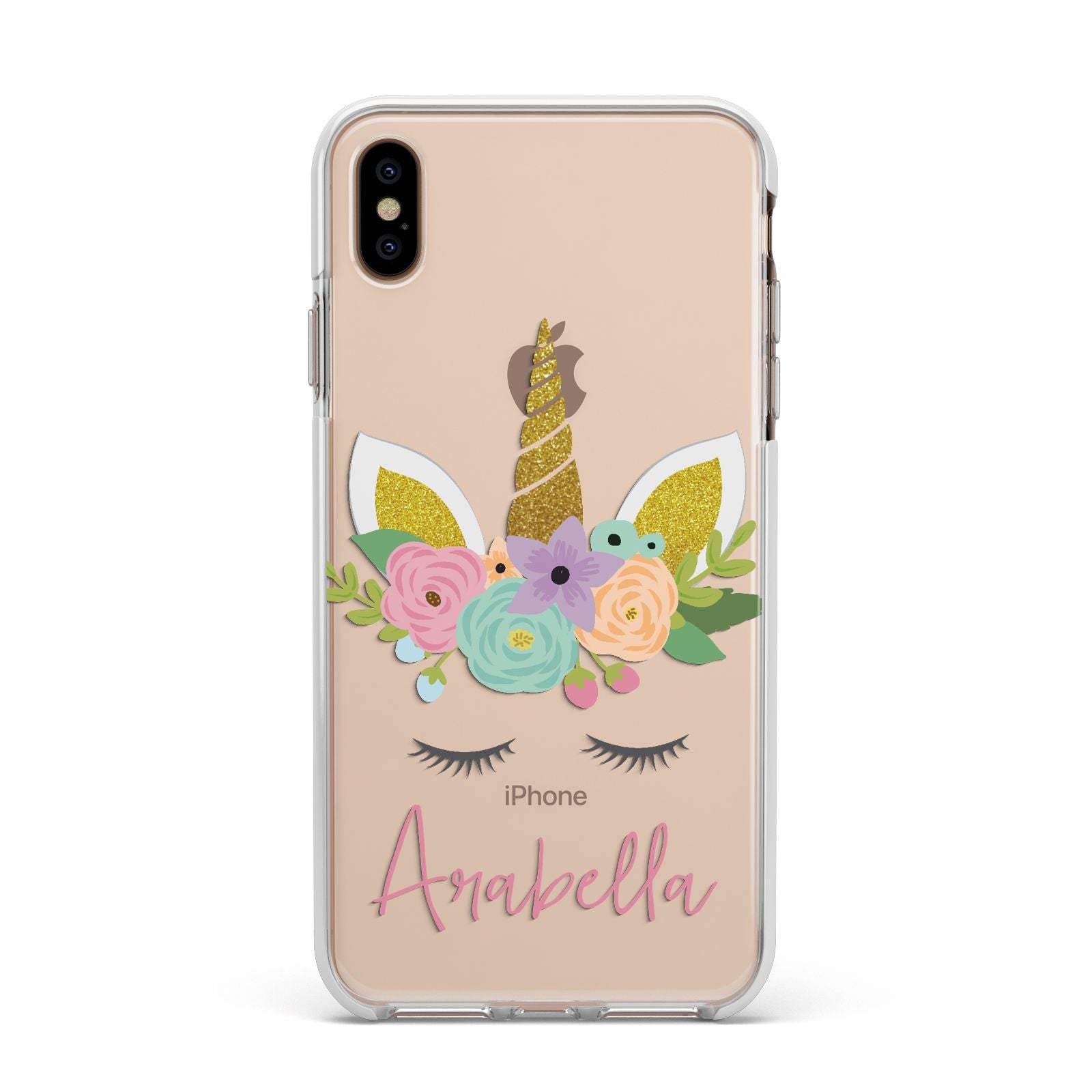 Personalised Unicorn Face Apple iPhone Xs Max Impact Case White Edge on Gold Phone