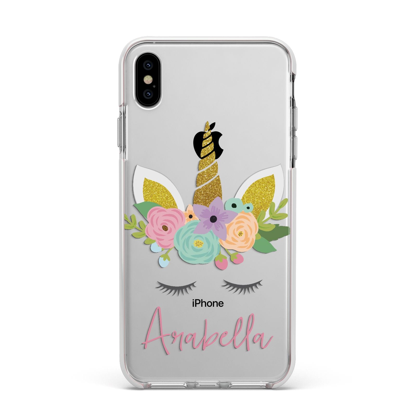 Personalised Unicorn Face Apple iPhone Xs Max Impact Case White Edge on Silver Phone