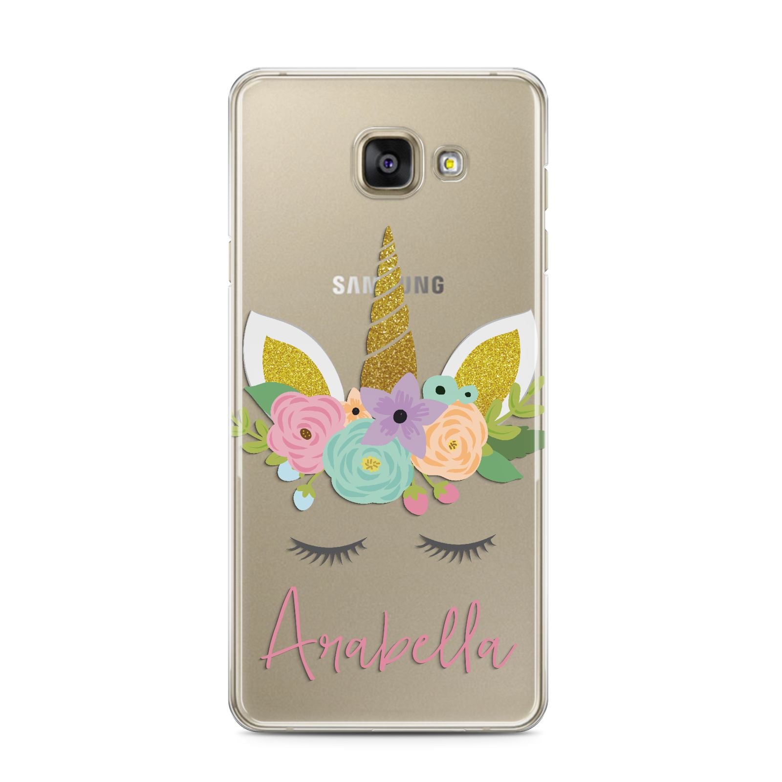 Personalised Unicorn Face Samsung Galaxy A3 2016 Case on gold phone