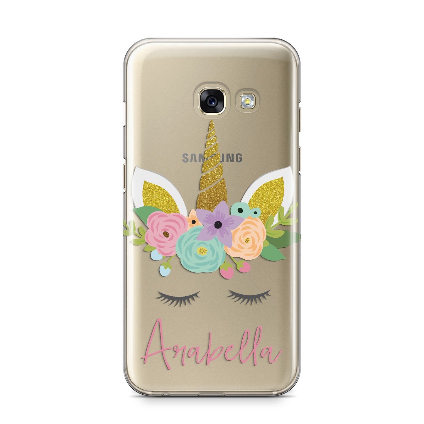 Personalised Unicorn Face Samsung Galaxy A3 2017 Case on gold phone