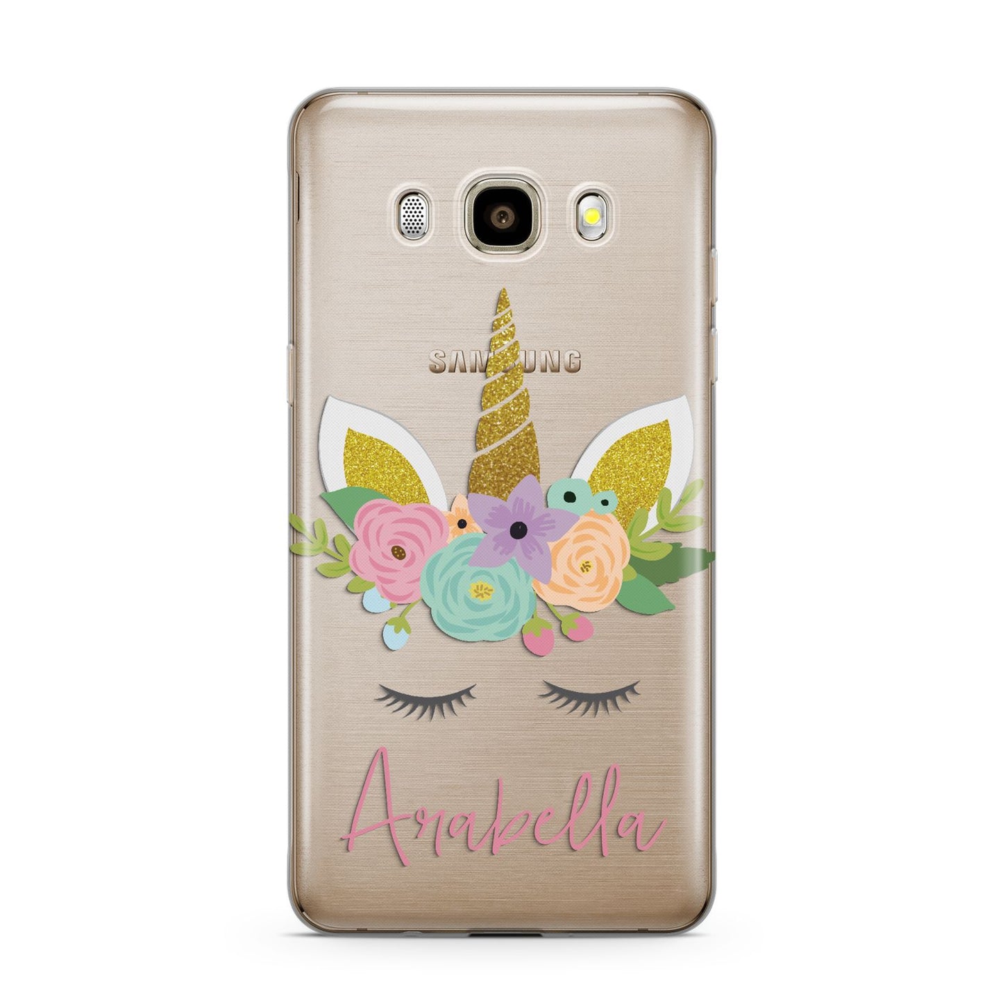 Personalised Unicorn Face Samsung Galaxy J7 2016 Case on gold phone