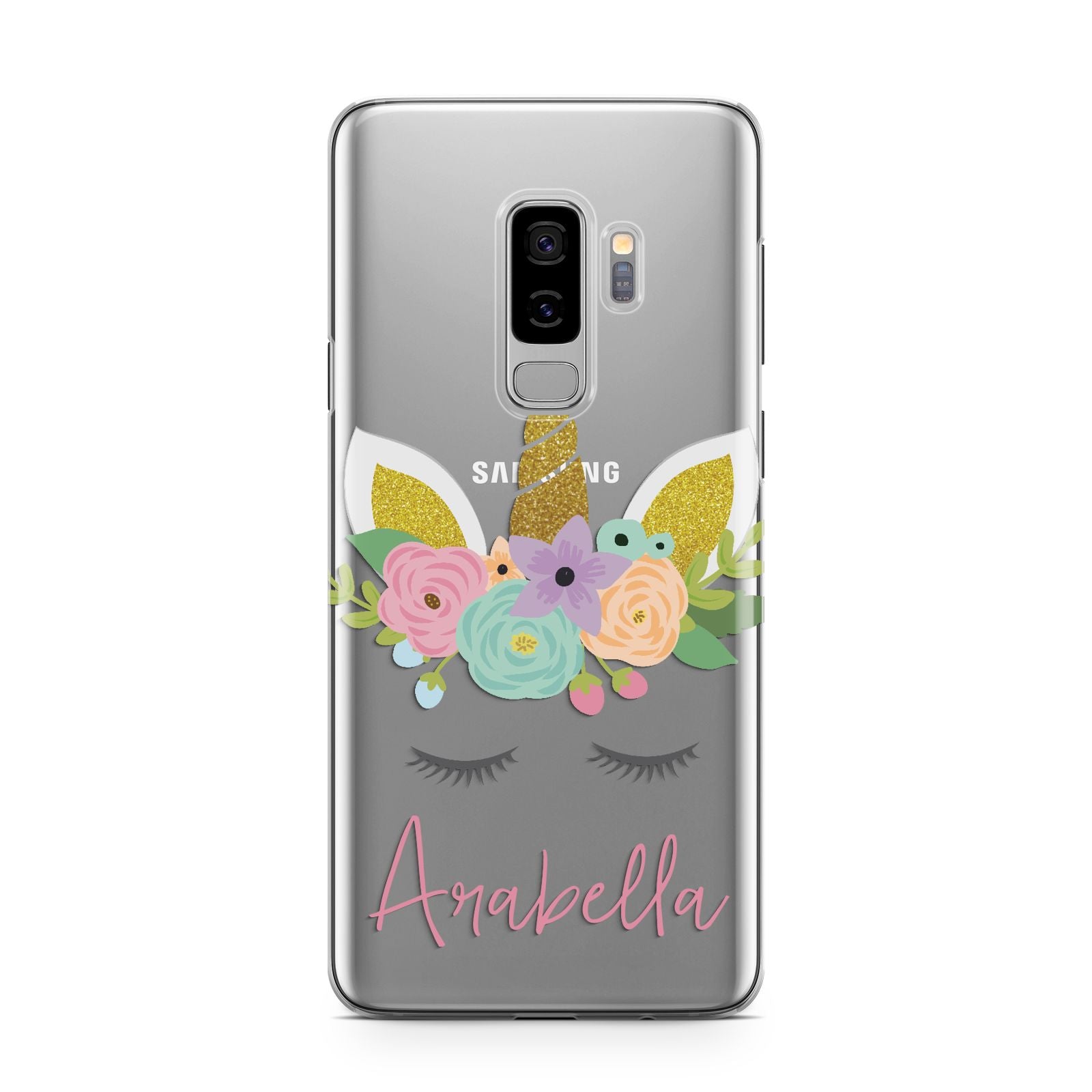 Personalised Unicorn Face Samsung Galaxy S9 Plus Case on Silver phone
