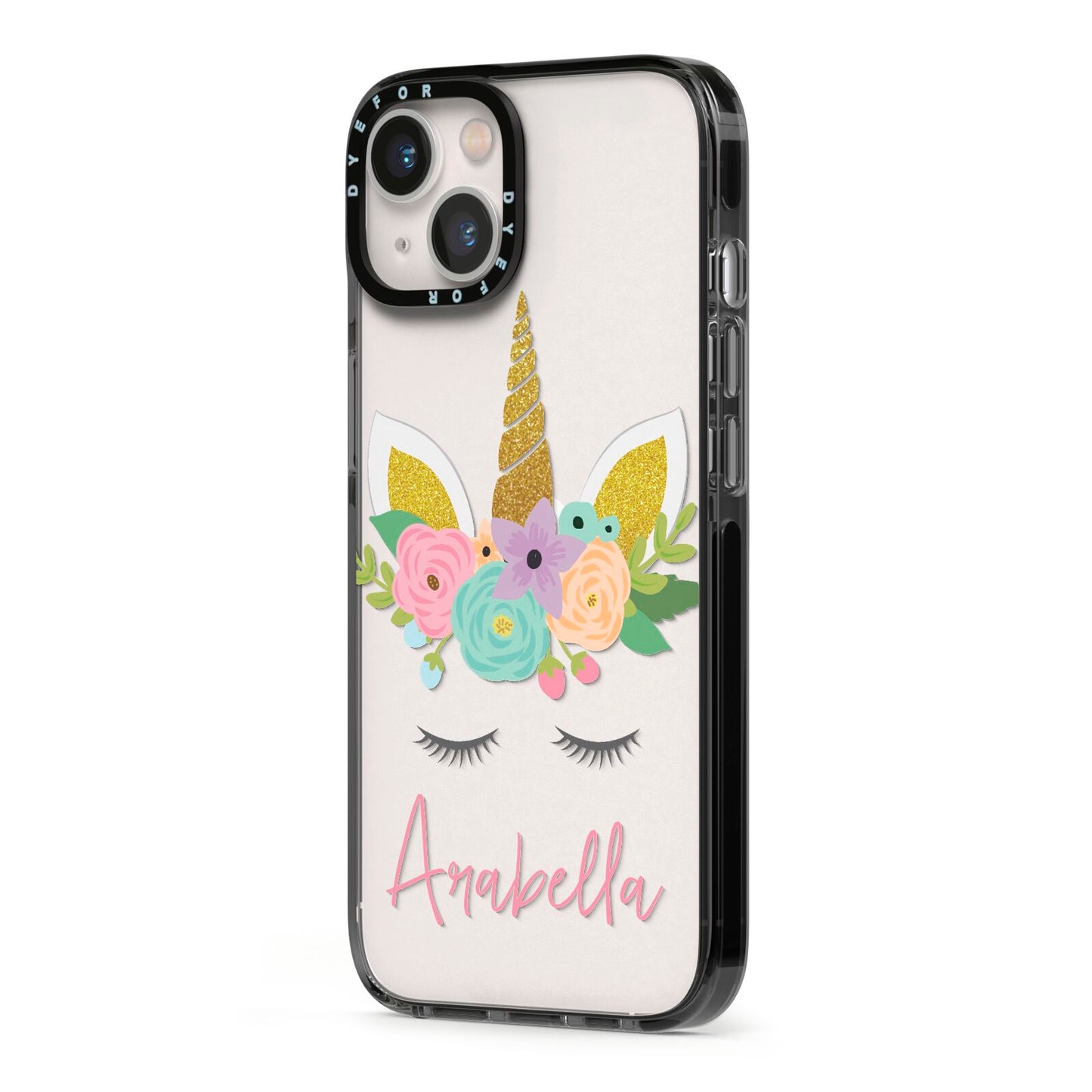 Personalised Unicorn Face iPhone 13 Black Impact Case Side Angle on Silver phone