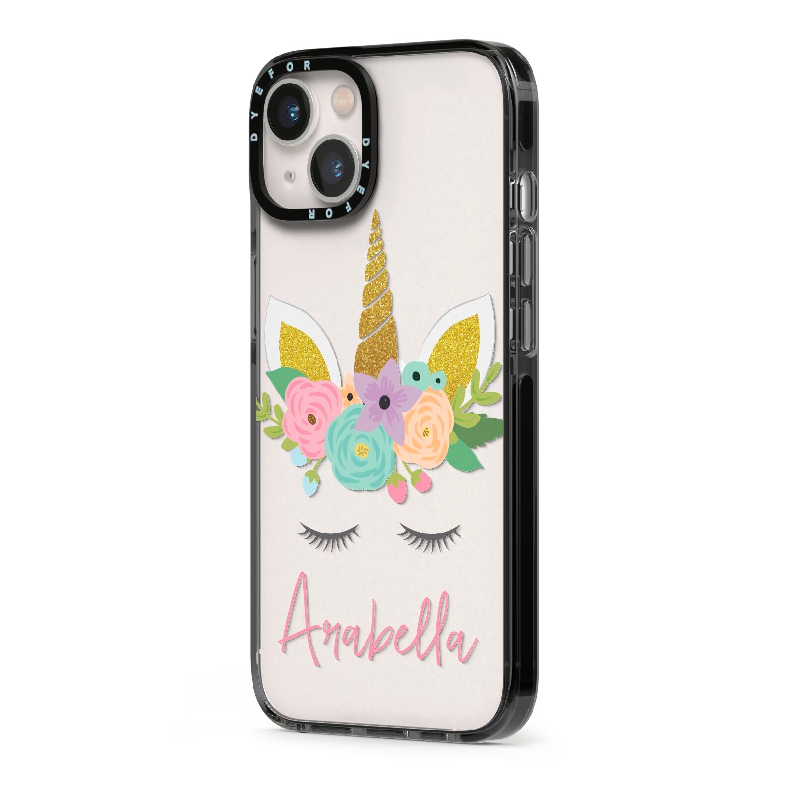 Personalised Unicorn Face iPhone 13 Black Impact Case Side Angle on Silver phone