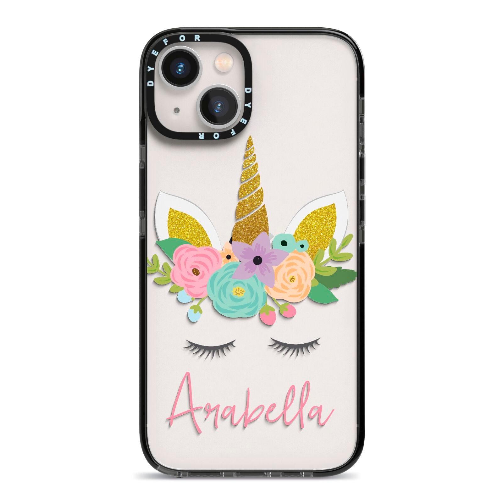 Personalised Unicorn Face iPhone 13 Black Impact Case on Silver phone