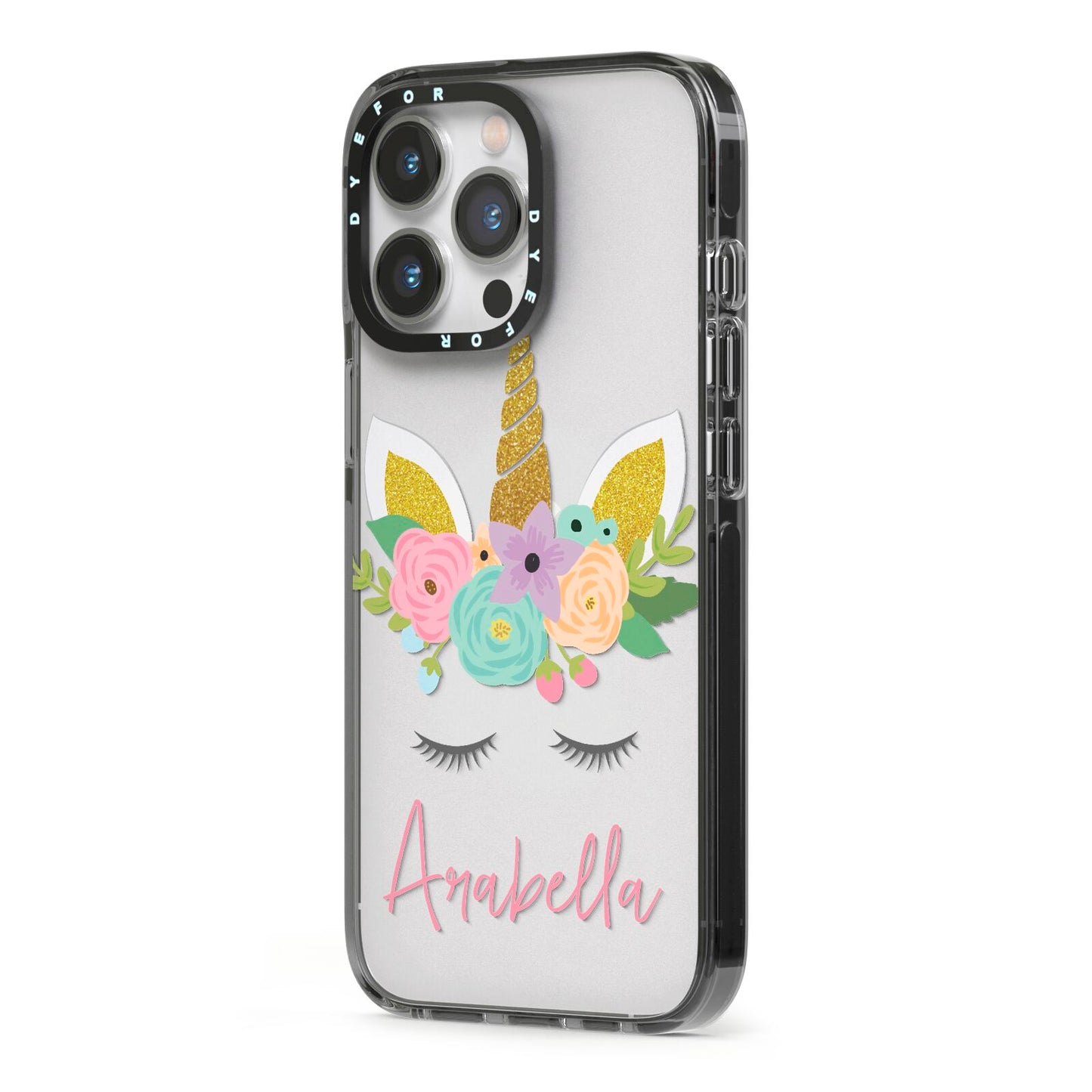 Personalised Unicorn Face iPhone 13 Pro Black Impact Case Side Angle on Silver phone