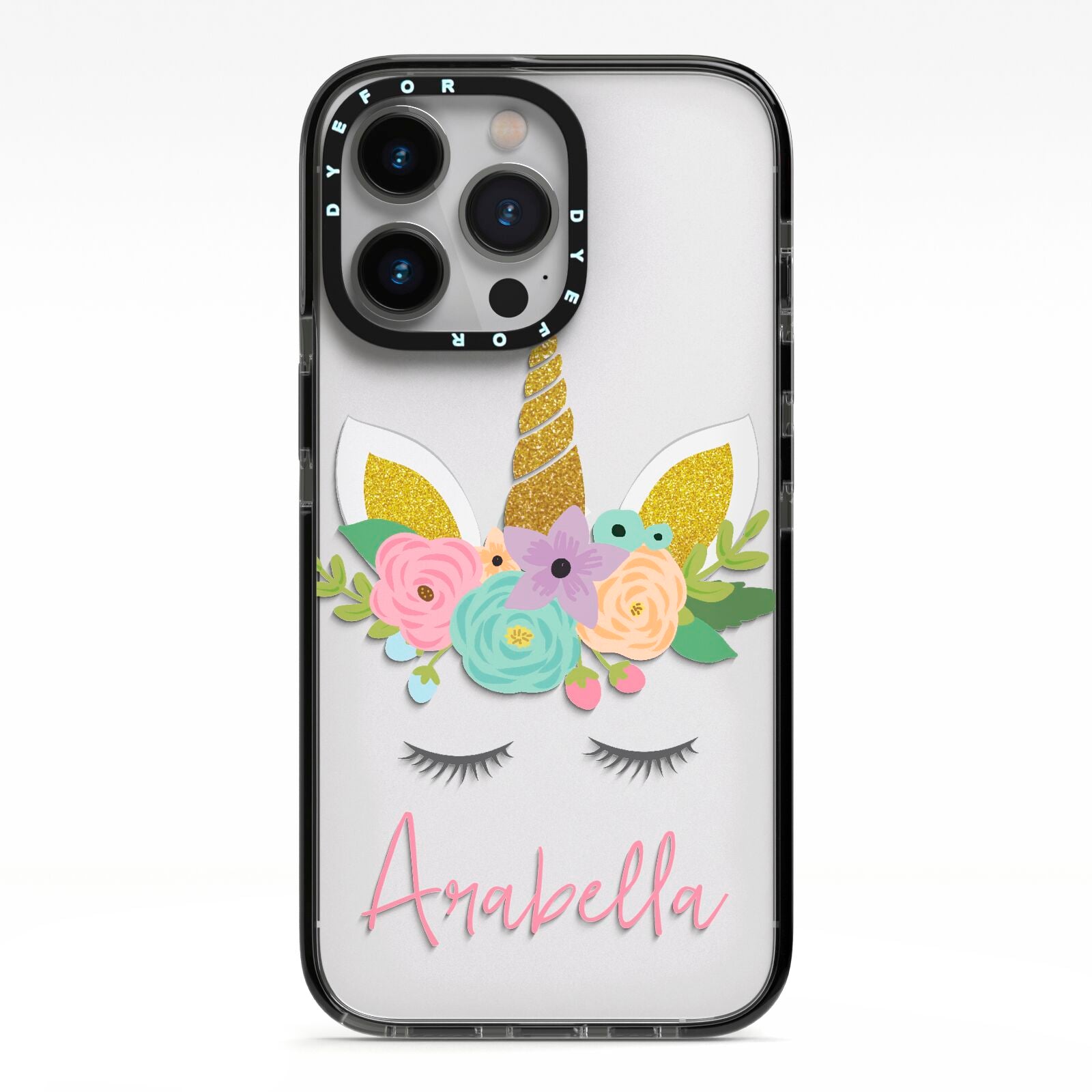 Personalised Unicorn Face iPhone 13 Pro Black Impact Case on Silver phone