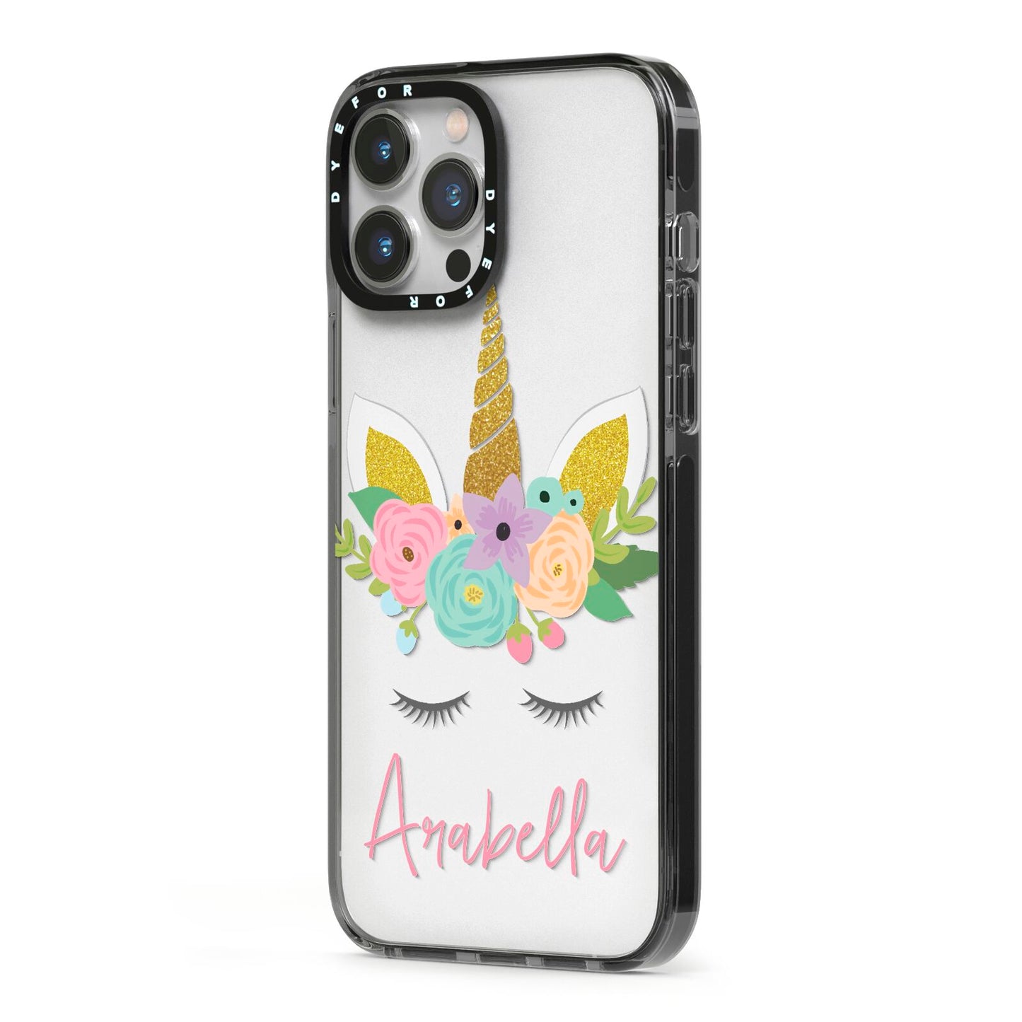 Personalised Unicorn Face iPhone 13 Pro Max Black Impact Case Side Angle on Silver phone