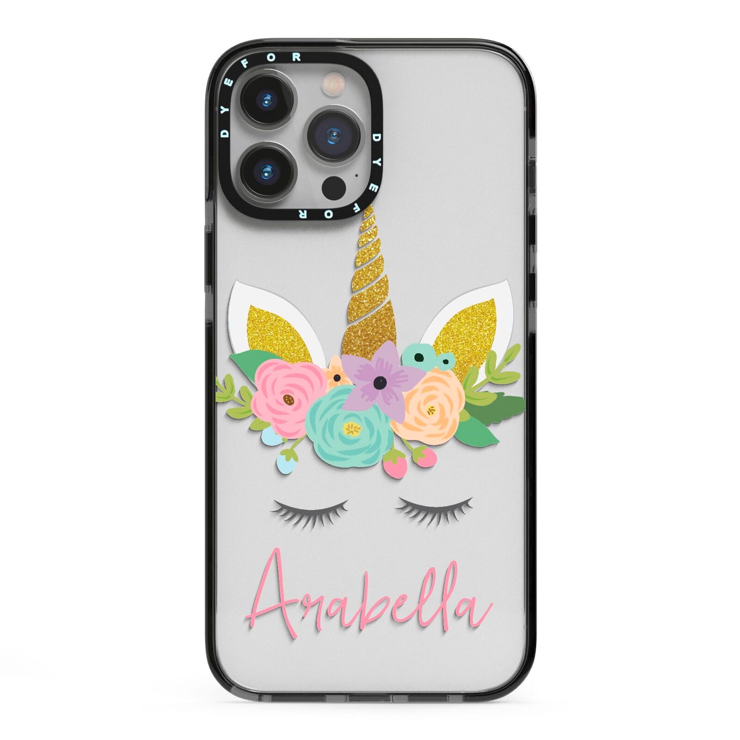 Personalised Unicorn Face iPhone 13 Pro Max Black Impact Case on Silver phone