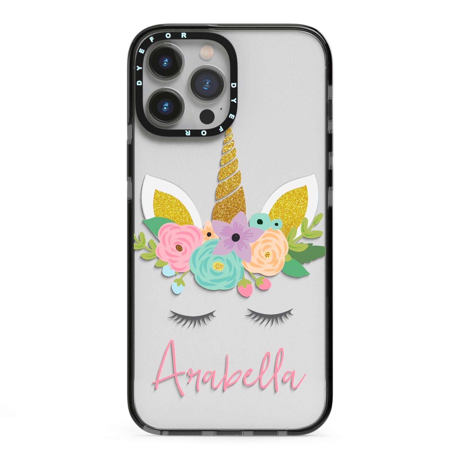 Personalised Unicorn Face iPhone 13 Pro Max Black Impact Case on Silver phone