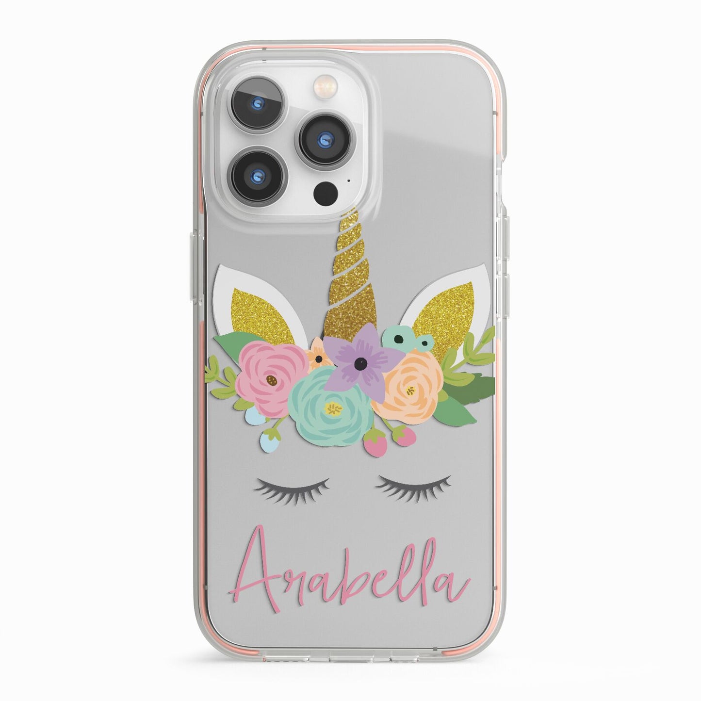 Personalised Unicorn Face iPhone 13 Pro TPU Impact Case with Pink Edges