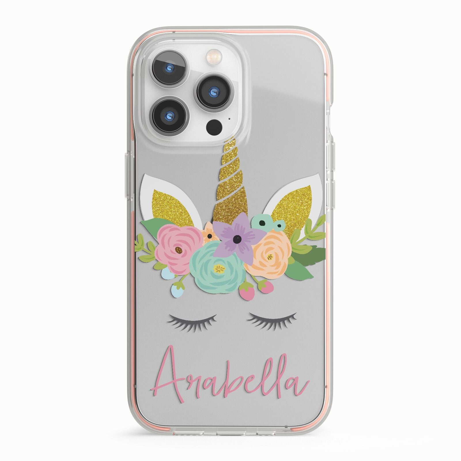 Personalised Unicorn Face iPhone 13 Pro TPU Impact Case with Pink Edges