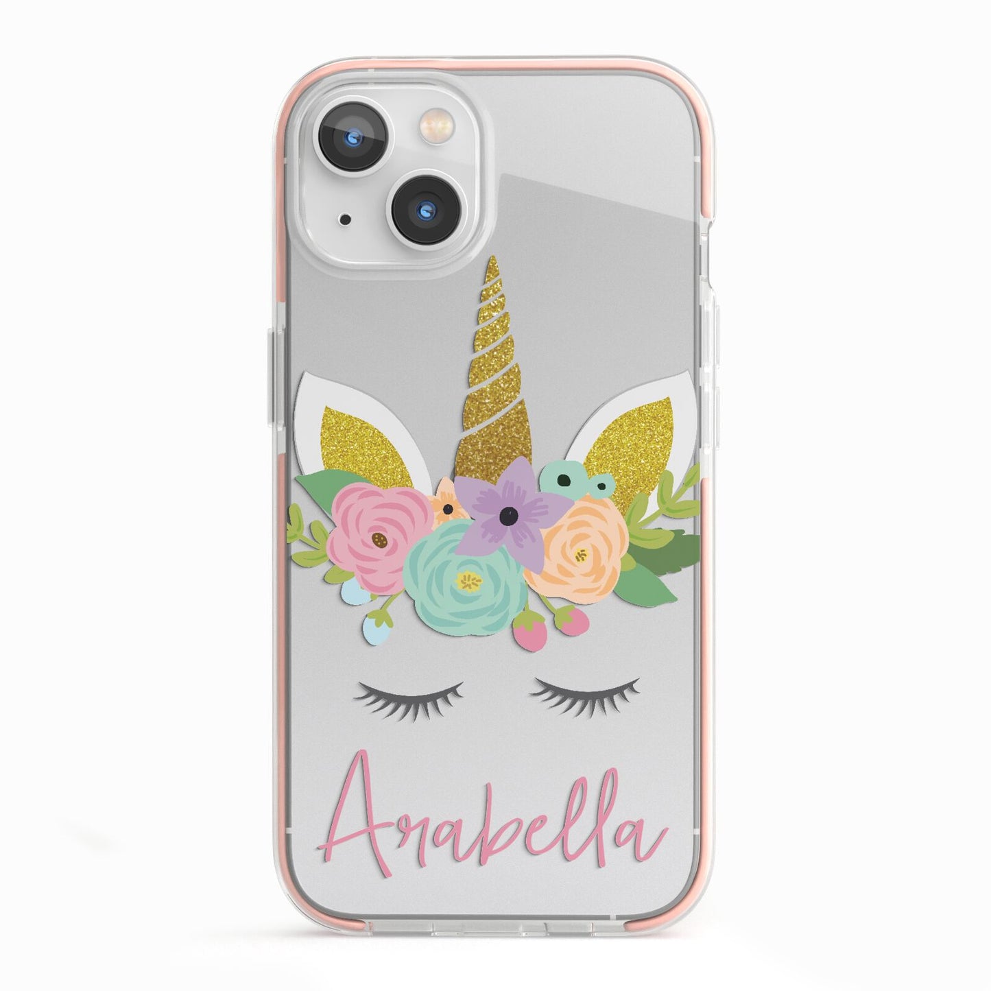 Personalised Unicorn Face iPhone 13 TPU Impact Case with Pink Edges