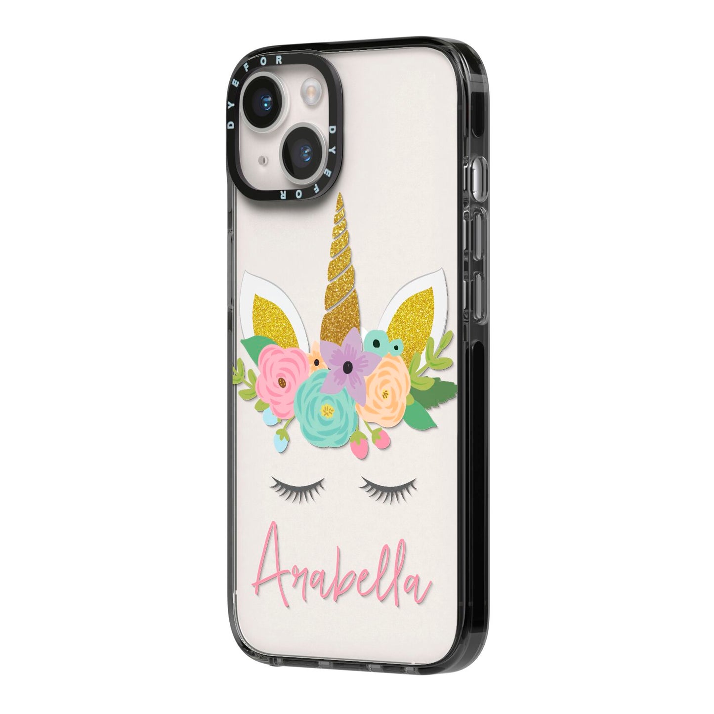 Personalised Unicorn Face iPhone 14 Black Impact Case Side Angle on Silver phone