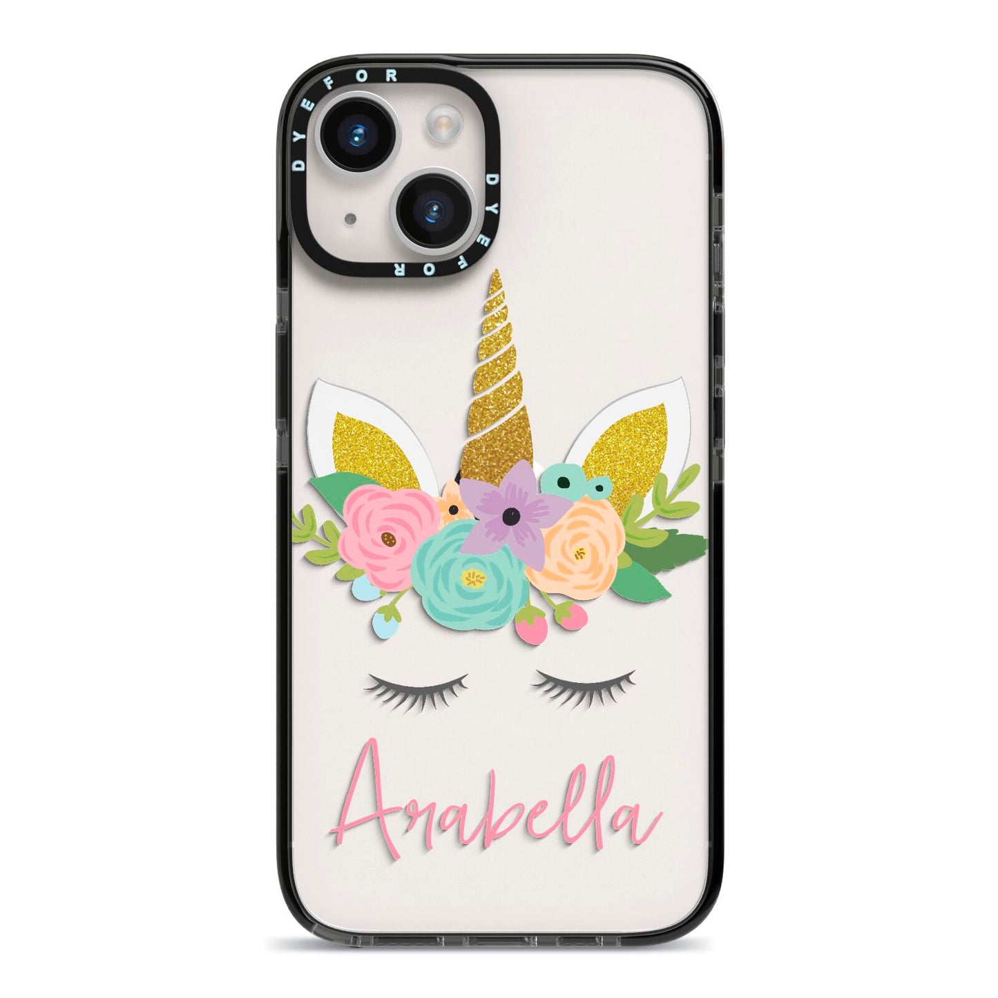 Personalised Unicorn Face iPhone 14 Black Impact Case on Silver phone