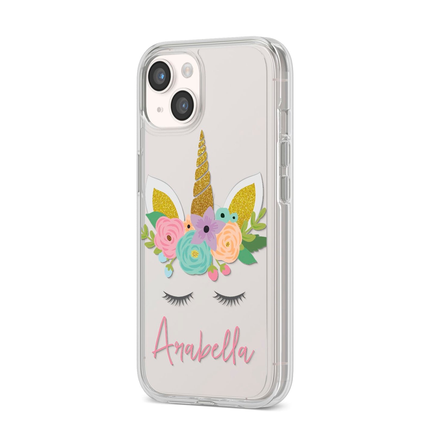 Personalised Unicorn Face iPhone 14 Clear Tough Case Starlight Angled Image