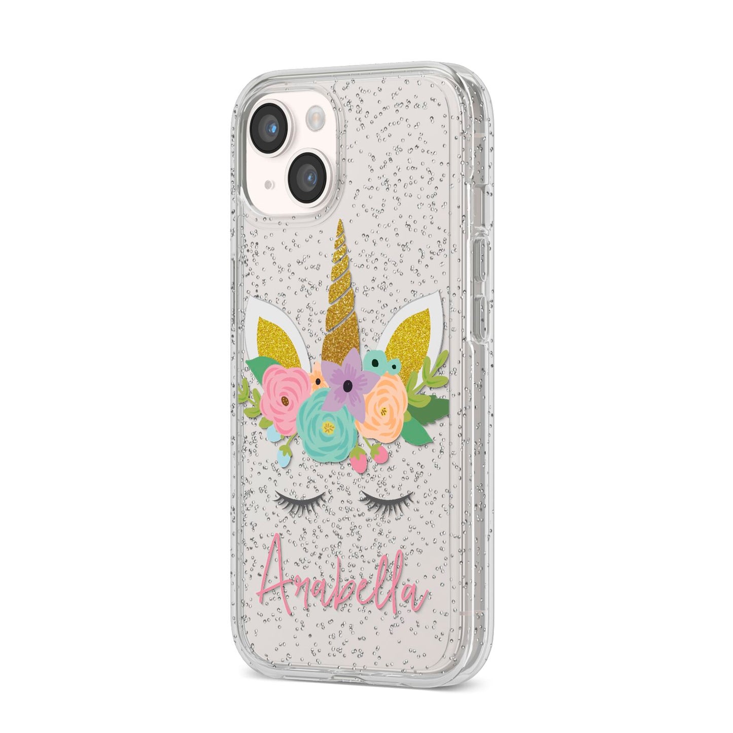 Personalised Unicorn Face iPhone 14 Glitter Tough Case Starlight Angled Image