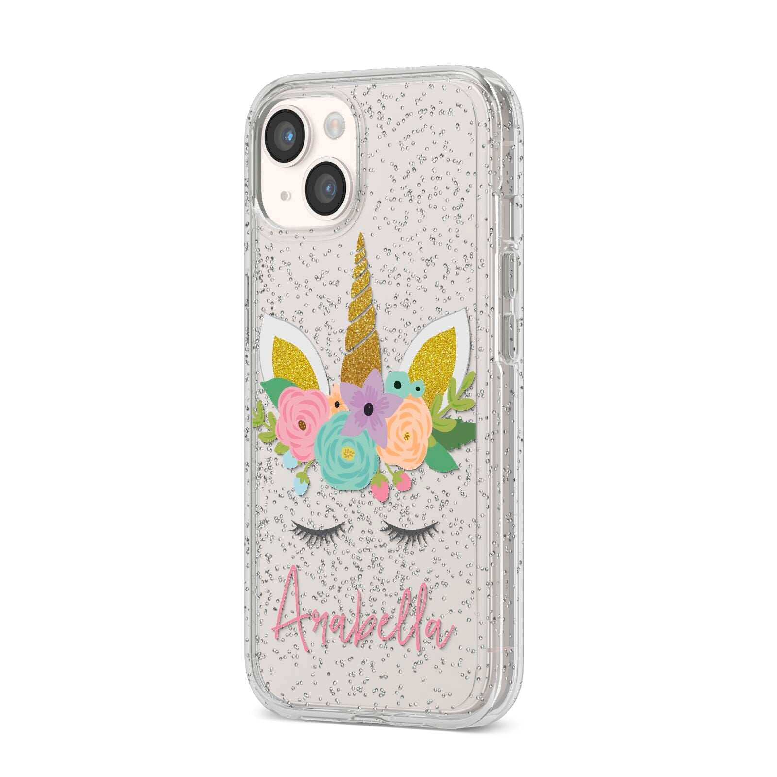 Personalised Unicorn Face iPhone 14 Glitter Tough Case Starlight Angled Image