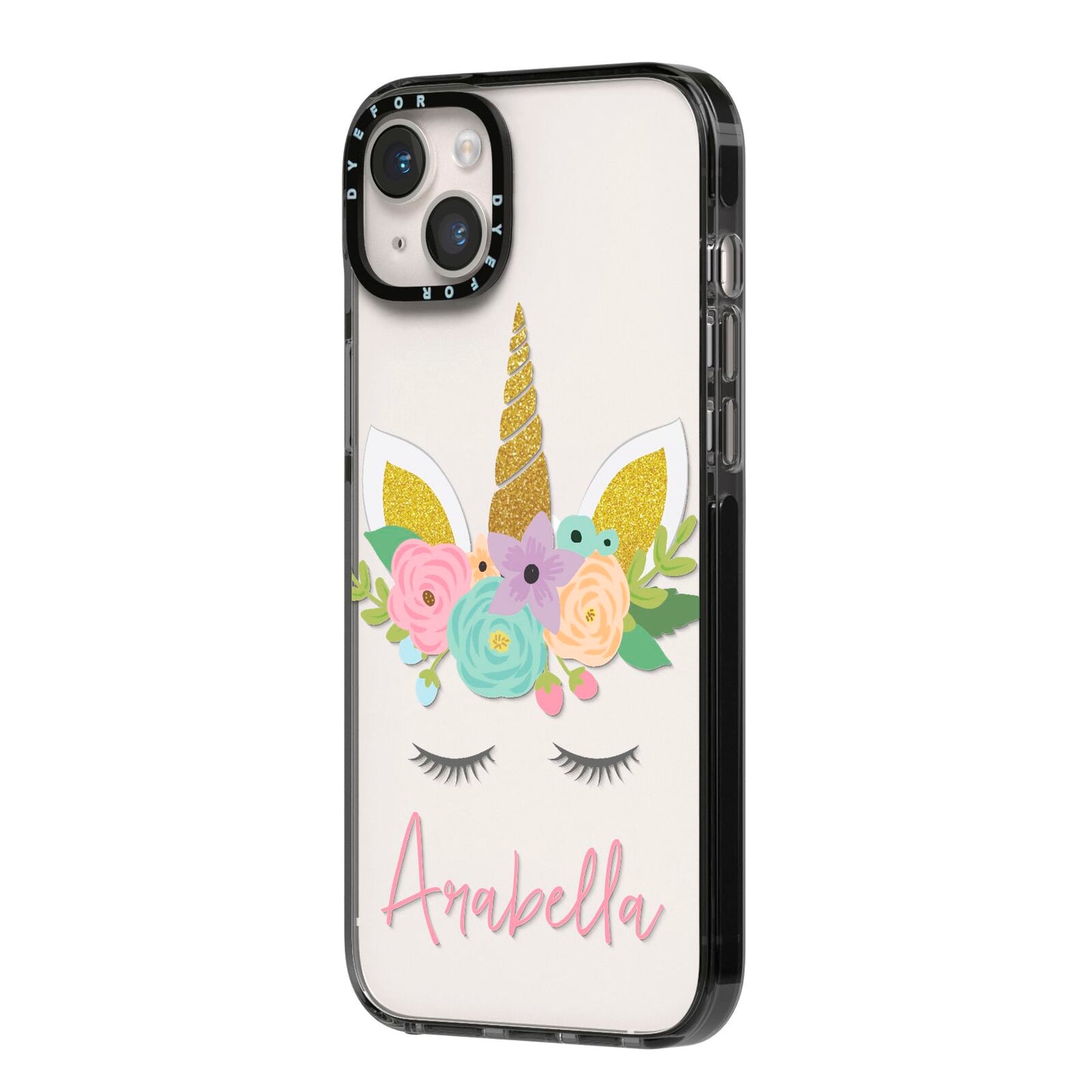 Personalised Unicorn Face iPhone 14 Plus Black Impact Case Side Angle on Silver phone