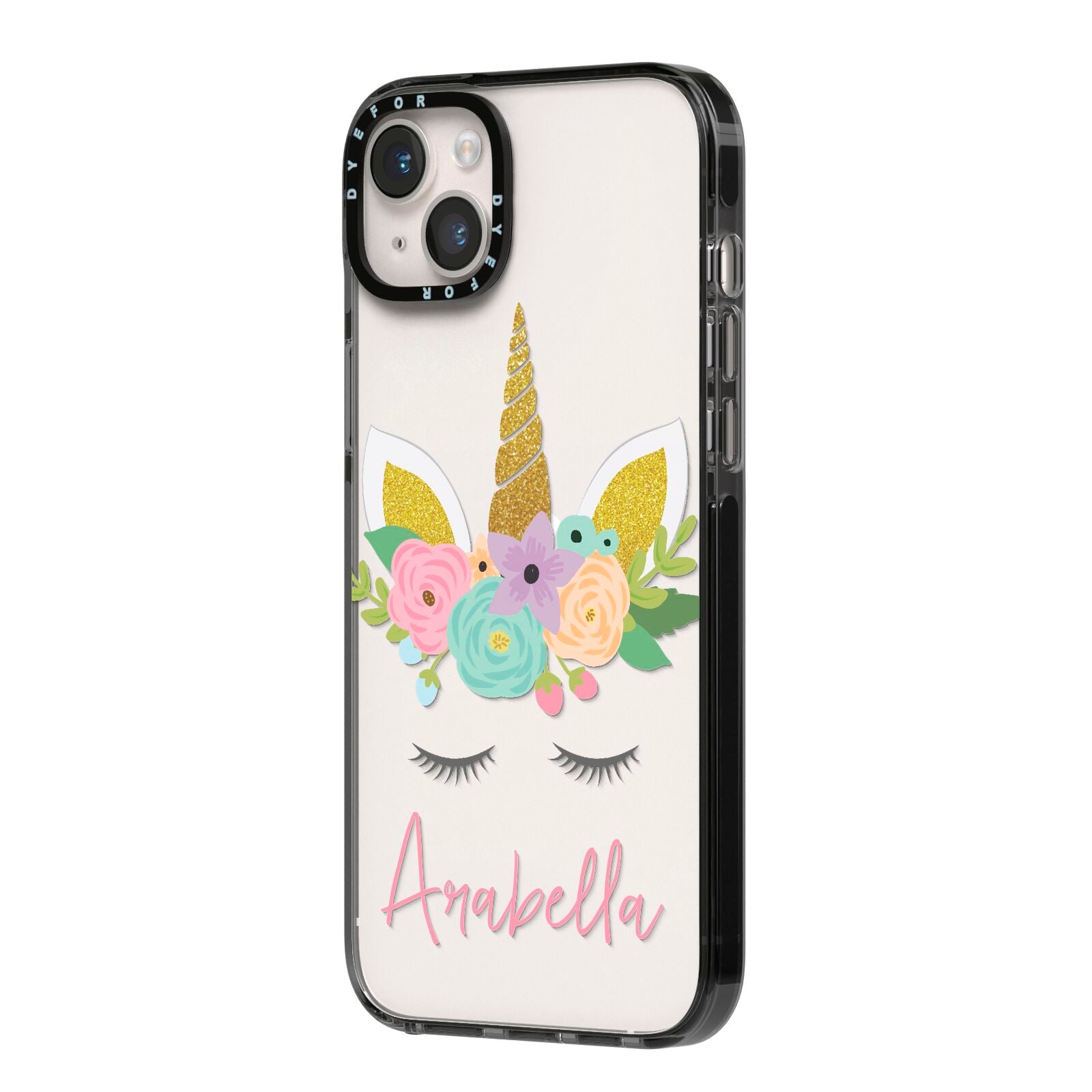 Personalised Unicorn Face iPhone 14 Plus Black Impact Case Side Angle on Silver phone