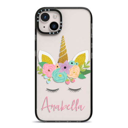 Personalised Unicorn Face iPhone 14 Plus Black Impact Case on Silver phone