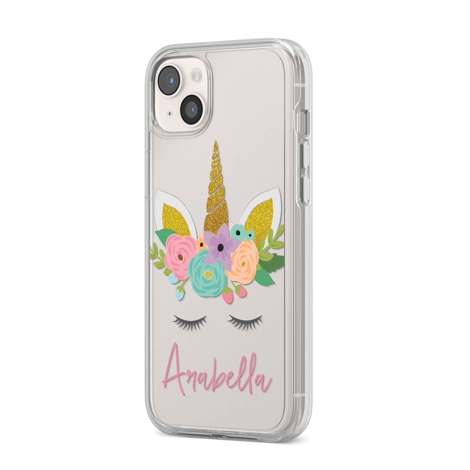 Personalised Unicorn Face iPhone 14 Plus Clear Tough Case Starlight Angled Image
