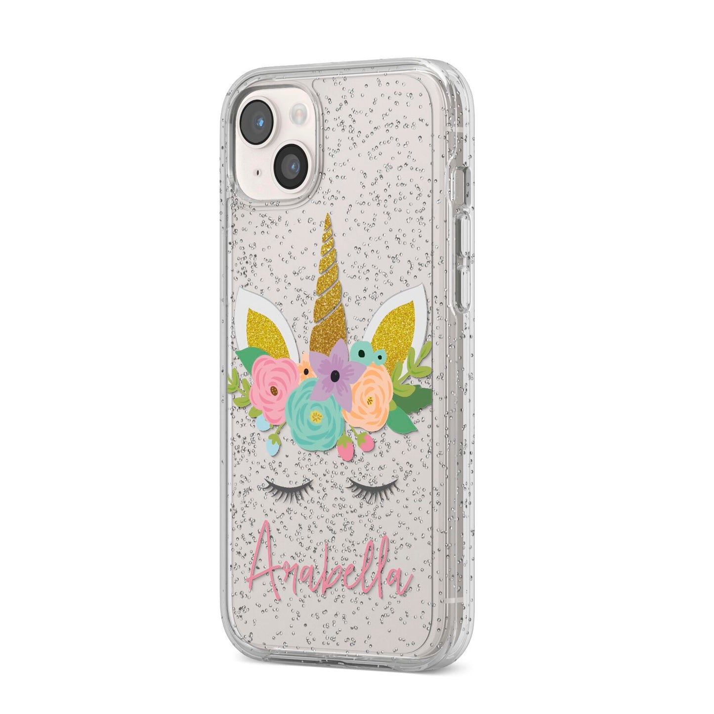 Personalised Unicorn Face iPhone 14 Plus Glitter Tough Case Starlight Angled Image