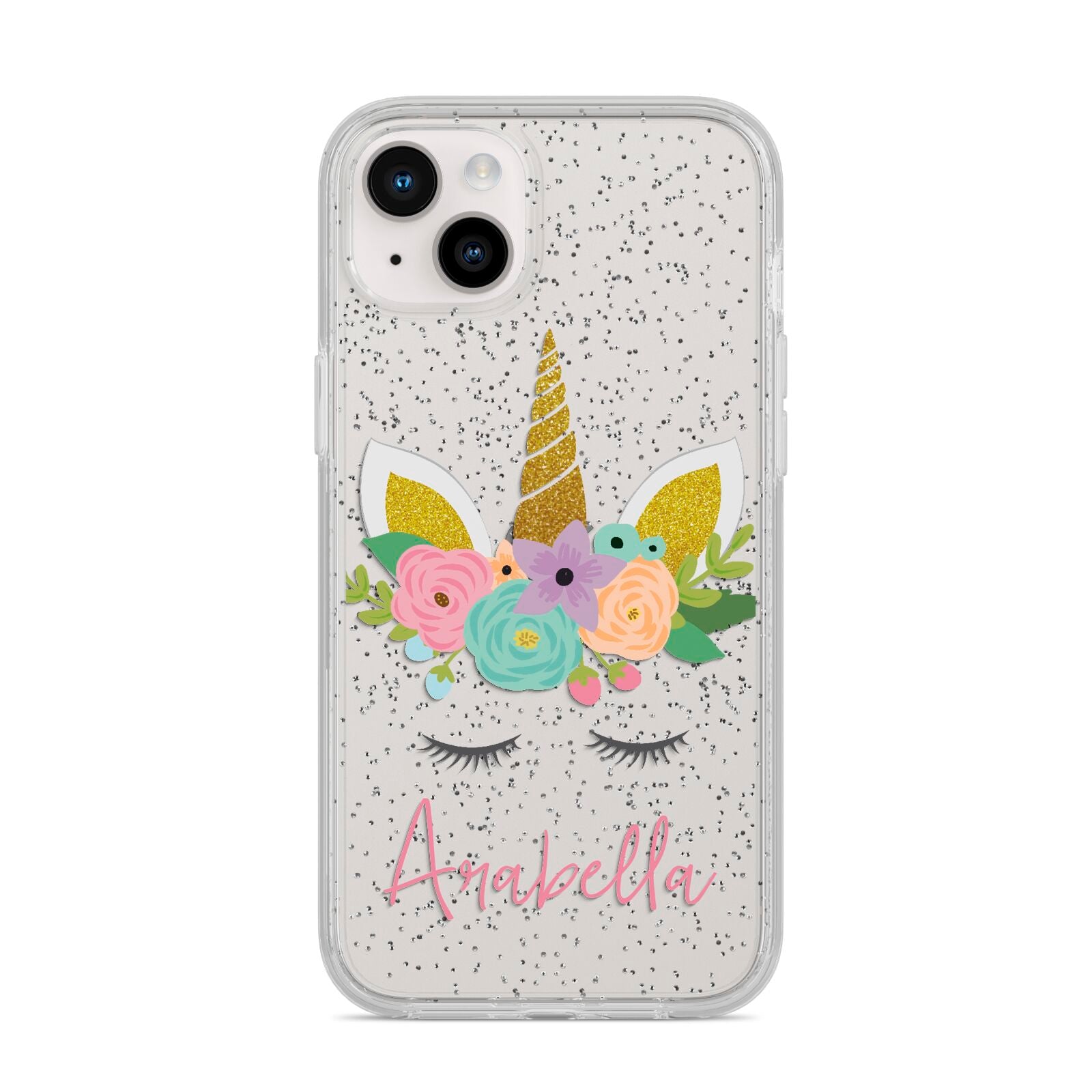 Personalised Unicorn Face iPhone 14 Plus Glitter Tough Case Starlight
