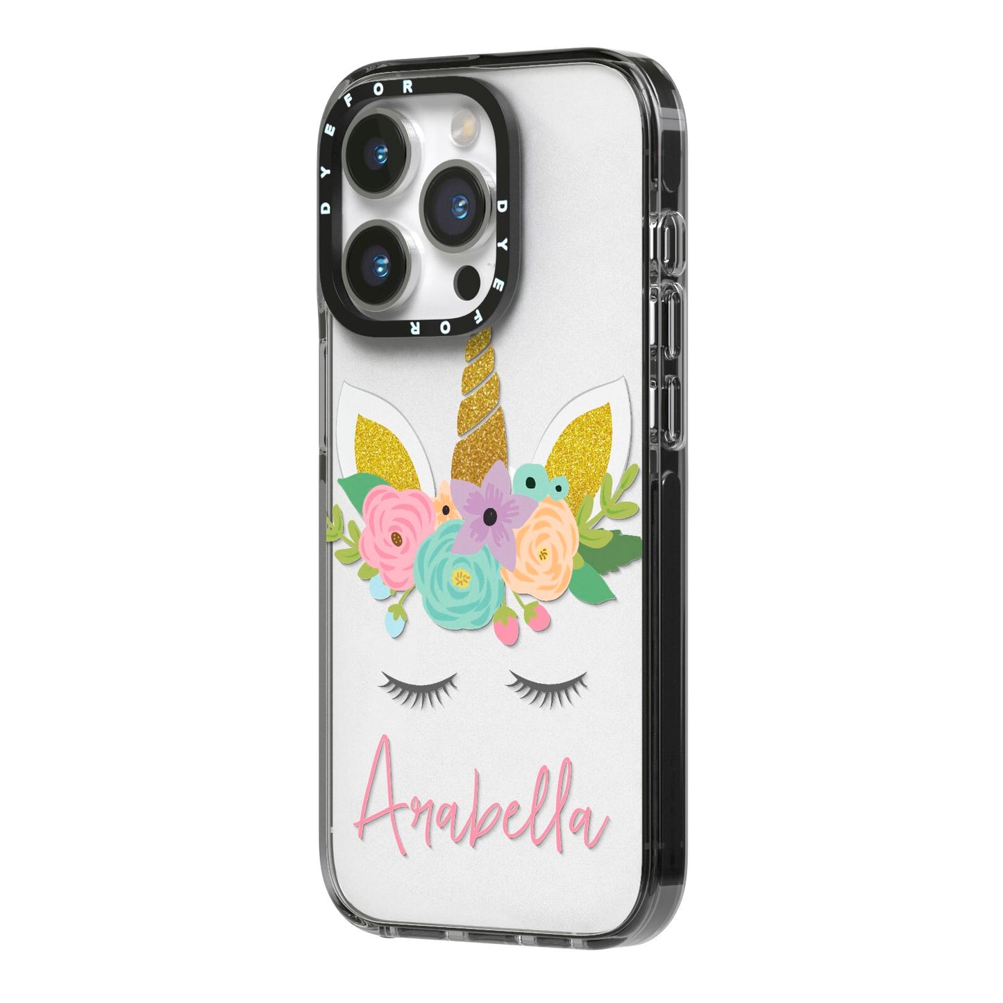 Personalised Unicorn Face iPhone 14 Pro Black Impact Case Side Angle on Silver phone