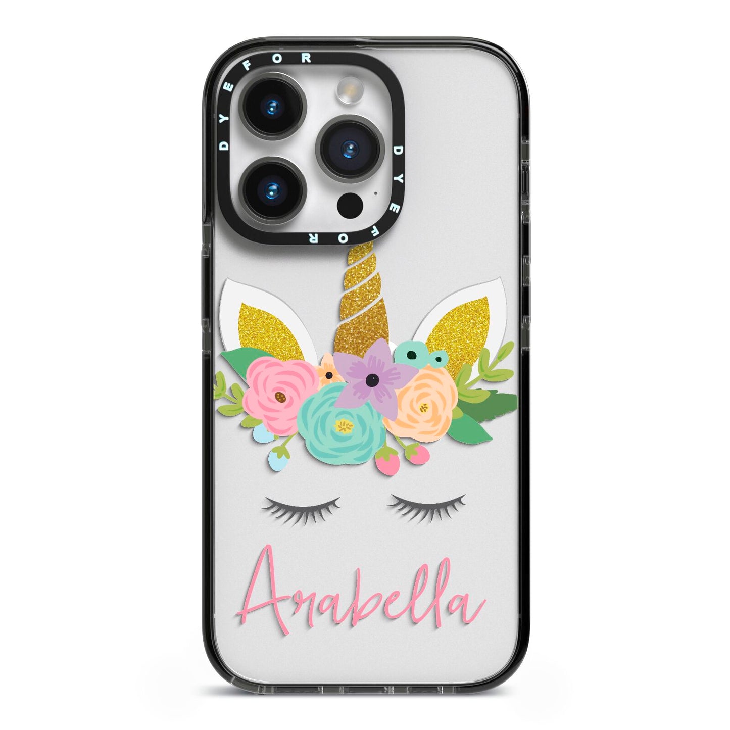 Personalised Unicorn Face iPhone 14 Pro Black Impact Case on Silver phone