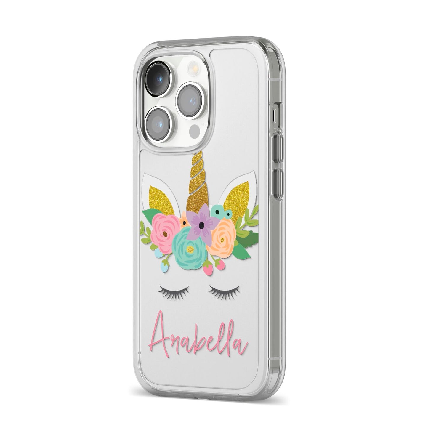 Personalised Unicorn Face iPhone 14 Pro Clear Tough Case Silver Angled Image