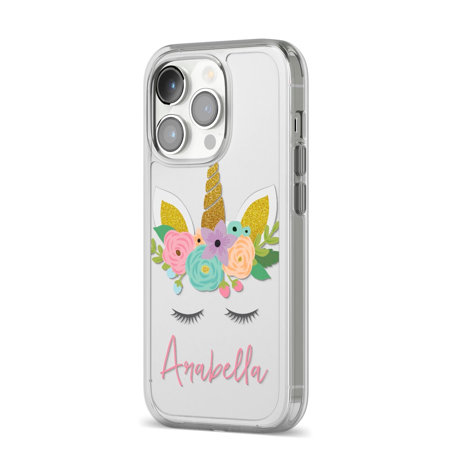 Personalised Unicorn Face iPhone 14 Pro Clear Tough Case Silver Angled Image