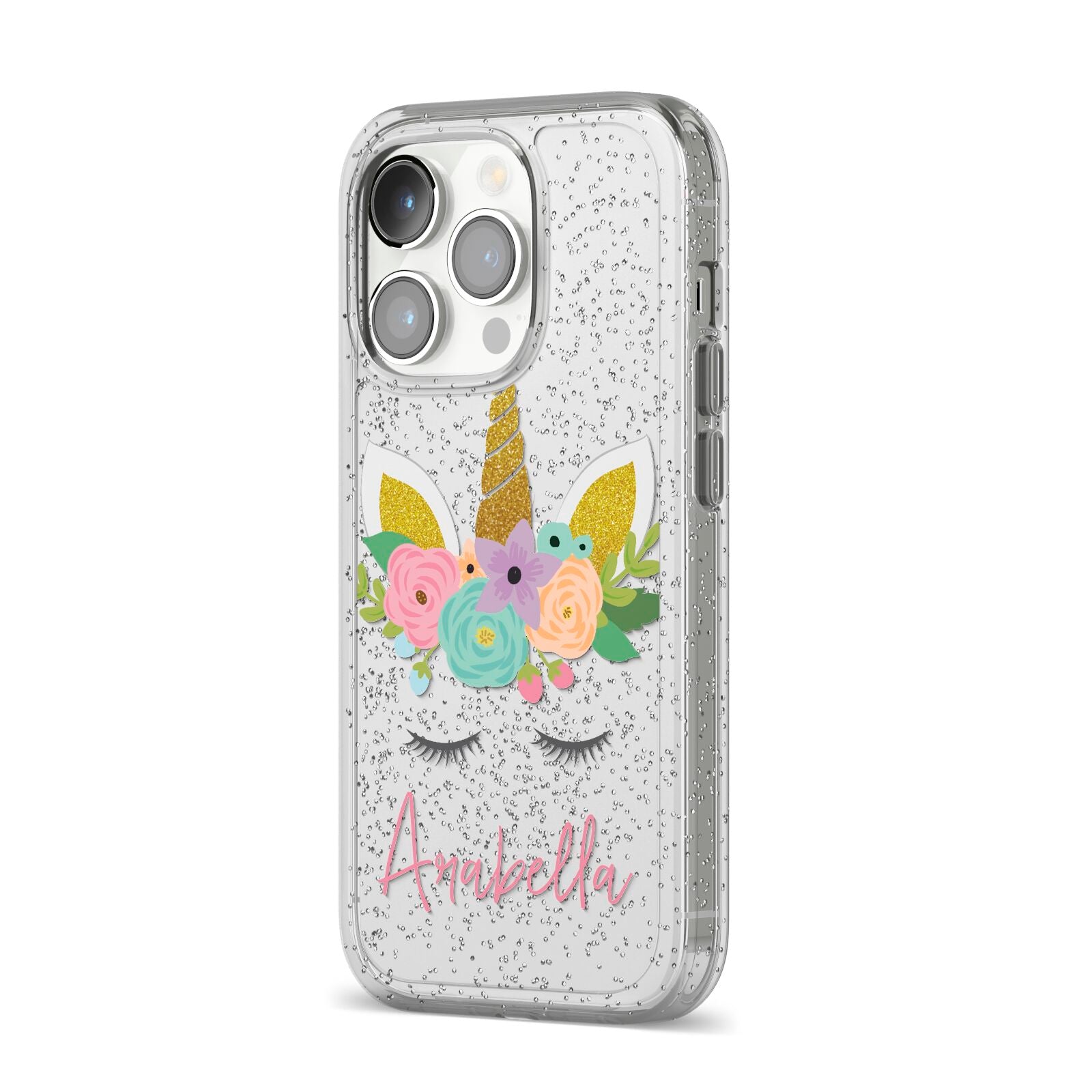 Personalised Unicorn Face iPhone 14 Pro Glitter Tough Case Silver Angled Image
