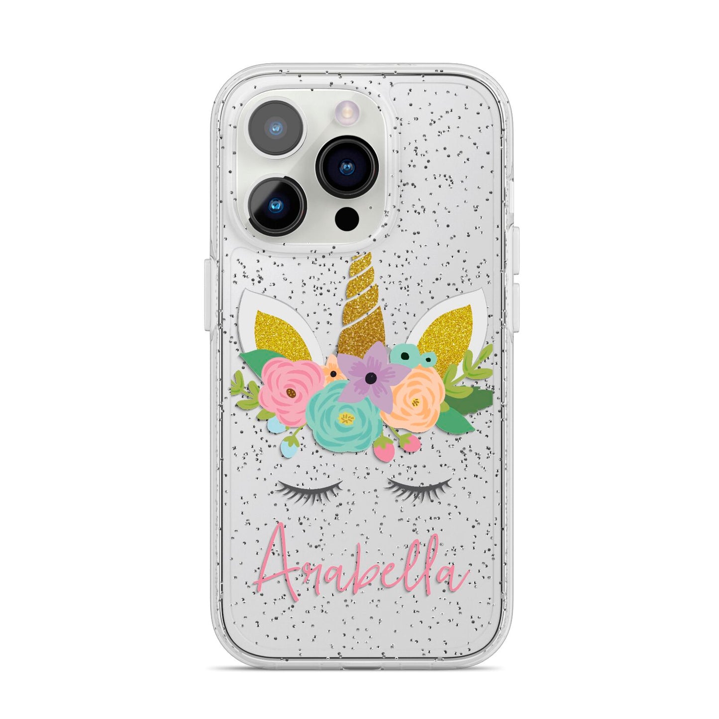 Personalised Unicorn Face iPhone 14 Pro Glitter Tough Case Silver