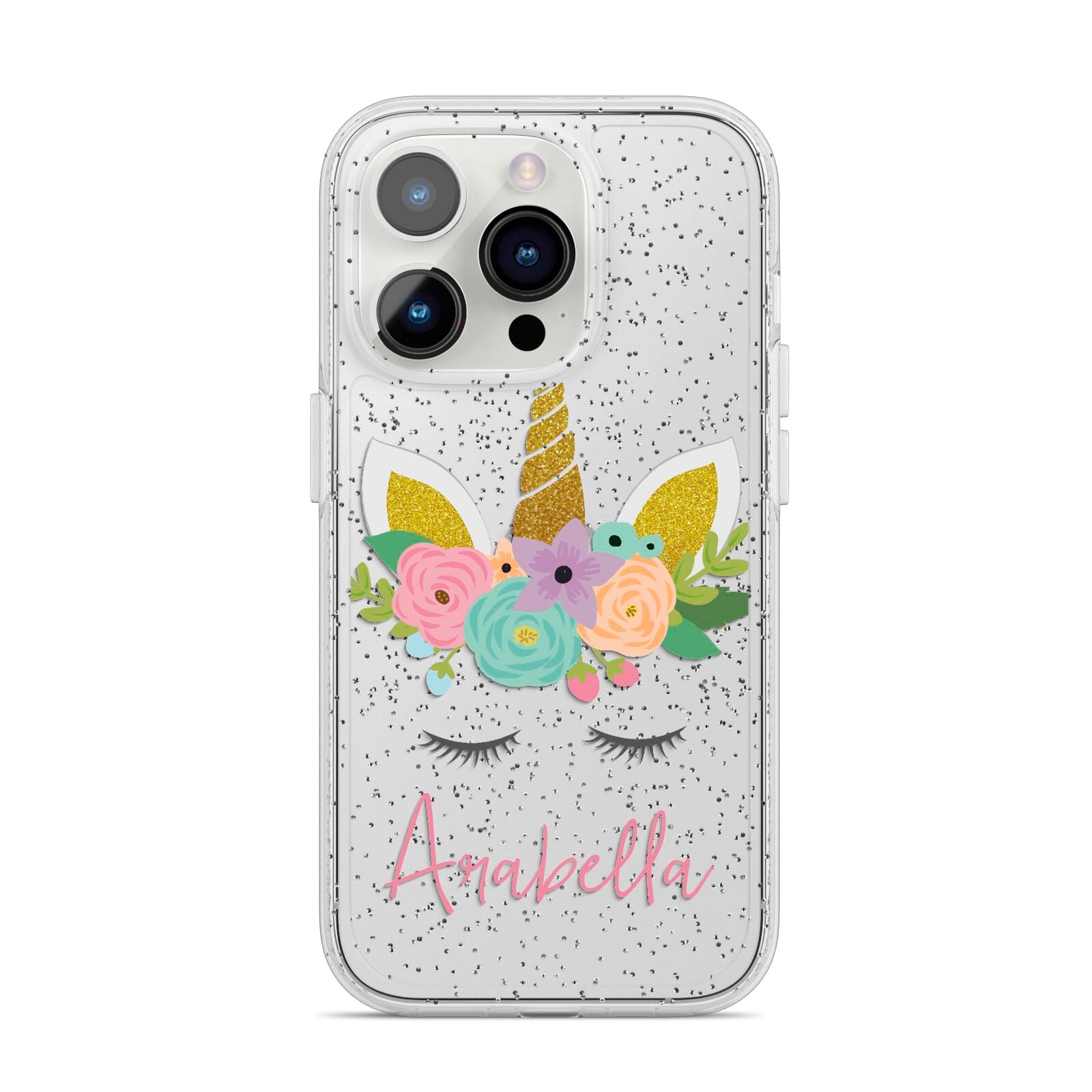 Personalised Unicorn Face iPhone 14 Pro Glitter Tough Case Silver