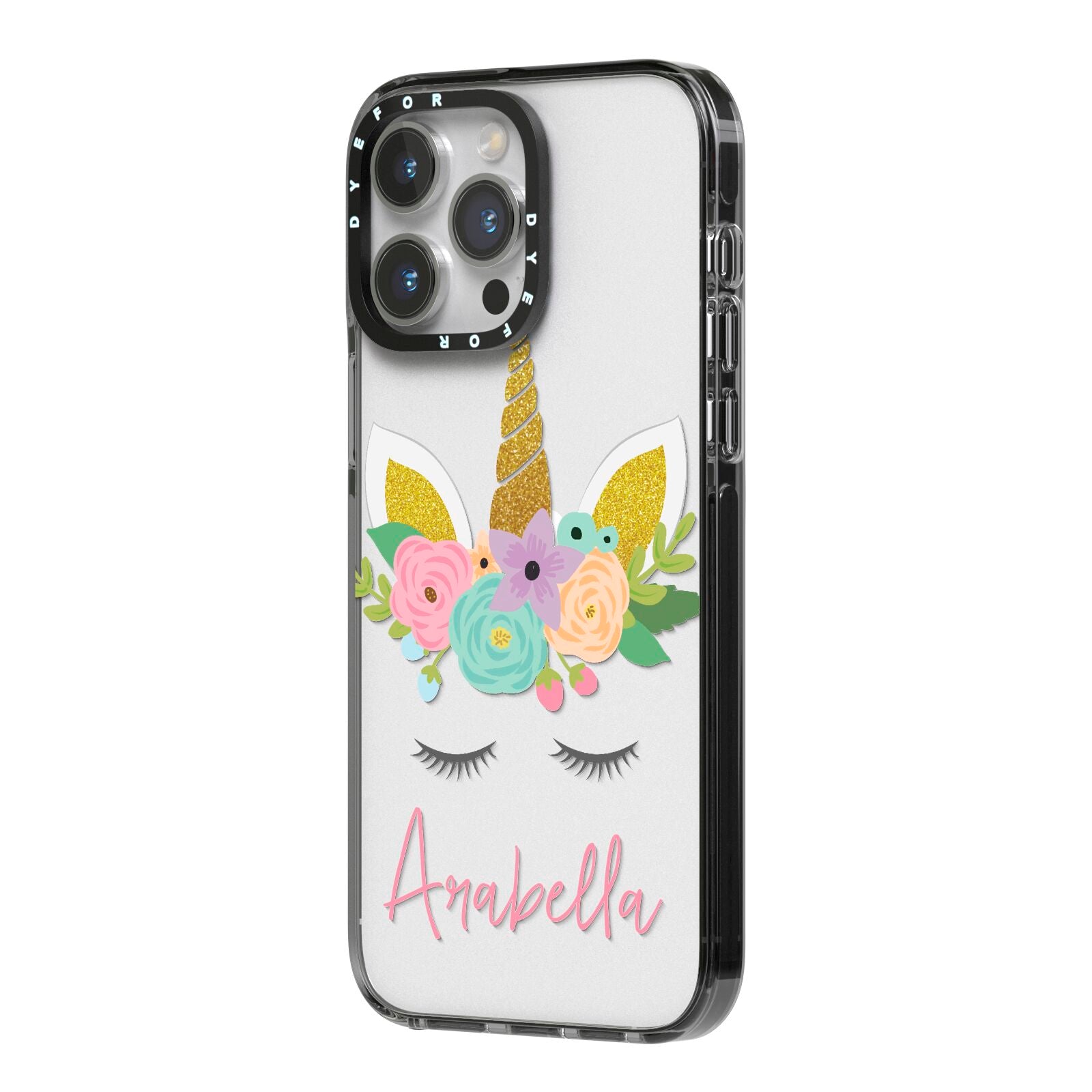 Personalised Unicorn Face iPhone 14 Pro Max Black Impact Case Side Angle on Silver phone