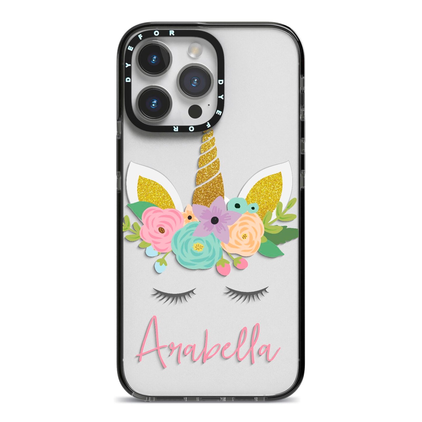Personalised Unicorn Face iPhone 14 Pro Max Black Impact Case on Silver phone