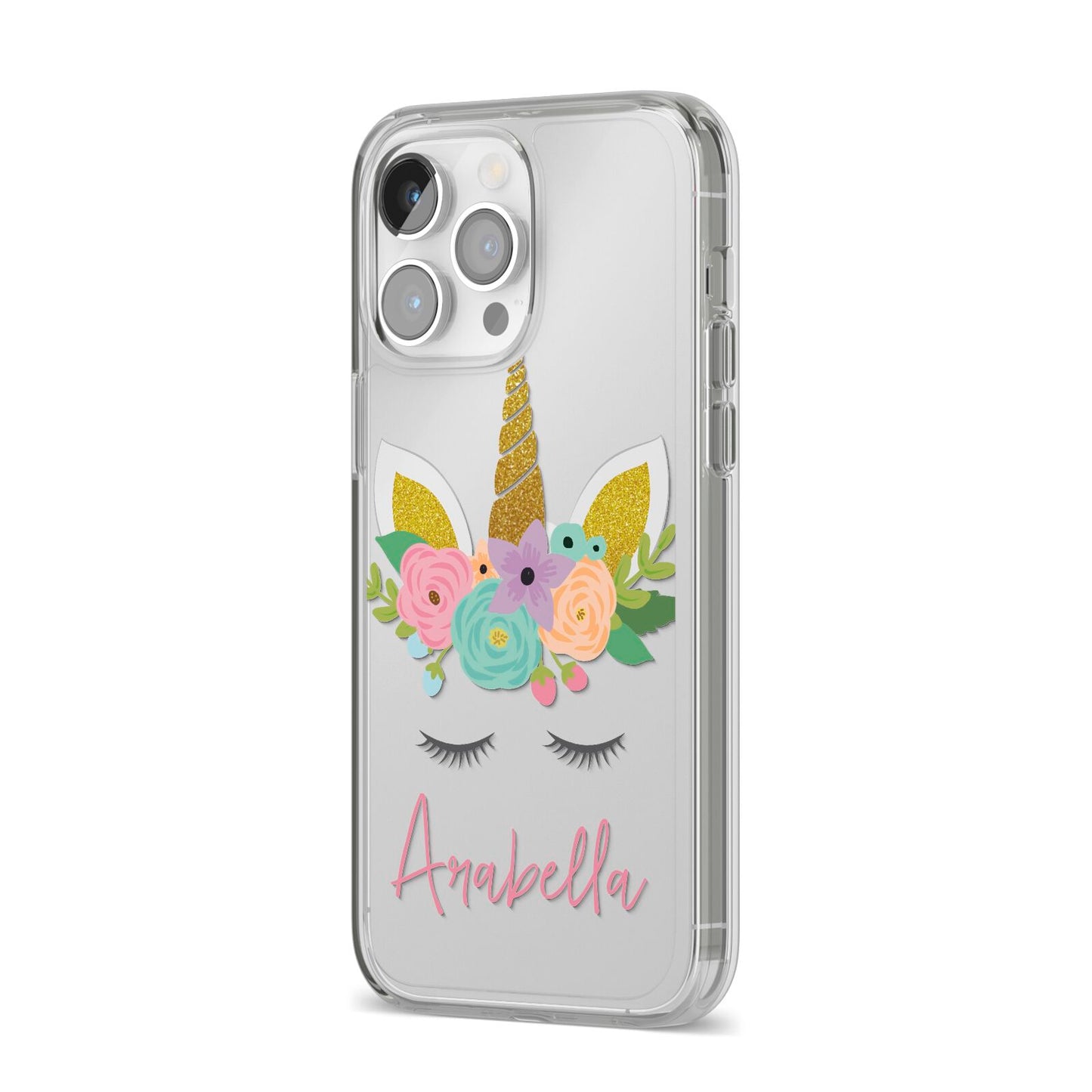Personalised Unicorn Face iPhone 14 Pro Max Clear Tough Case Silver Angled Image