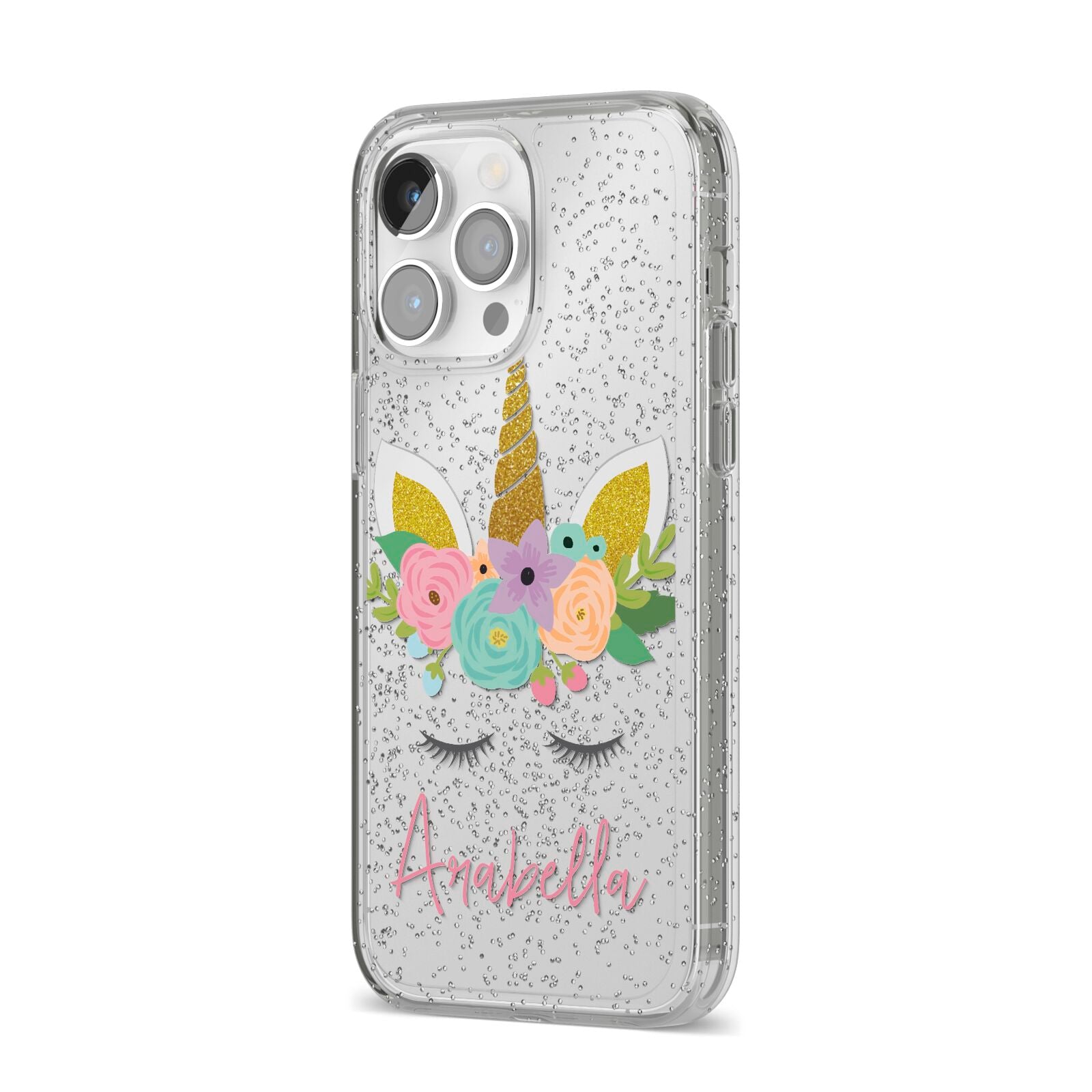 Personalised Unicorn Face iPhone 14 Pro Max Glitter Tough Case Silver Angled Image