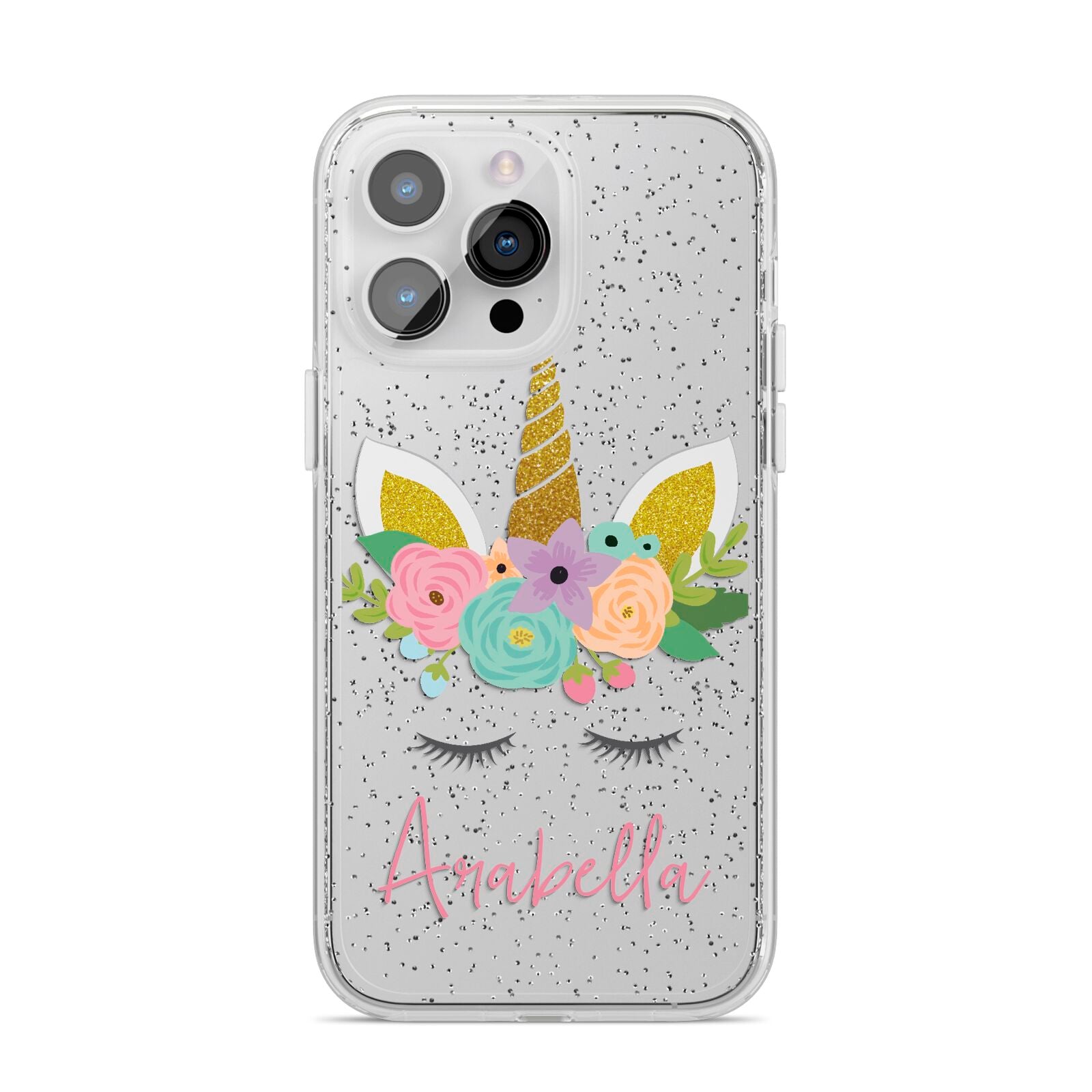 Personalised Unicorn Face iPhone 14 Pro Max Glitter Tough Case Silver